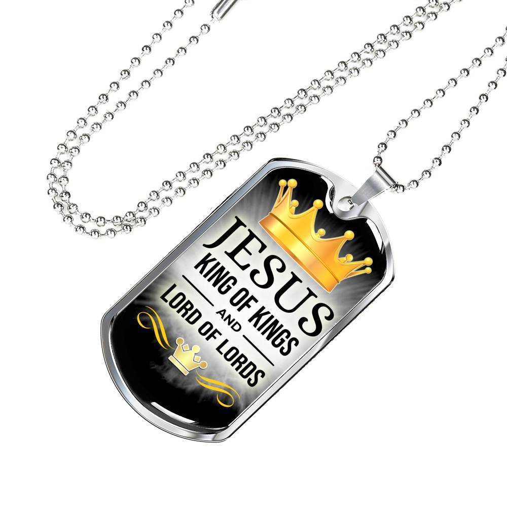 Jesus King Of Kings Necklace Stainless Steel or 18k Gold Dog Tag 24" Chain-Express Your Love Gifts