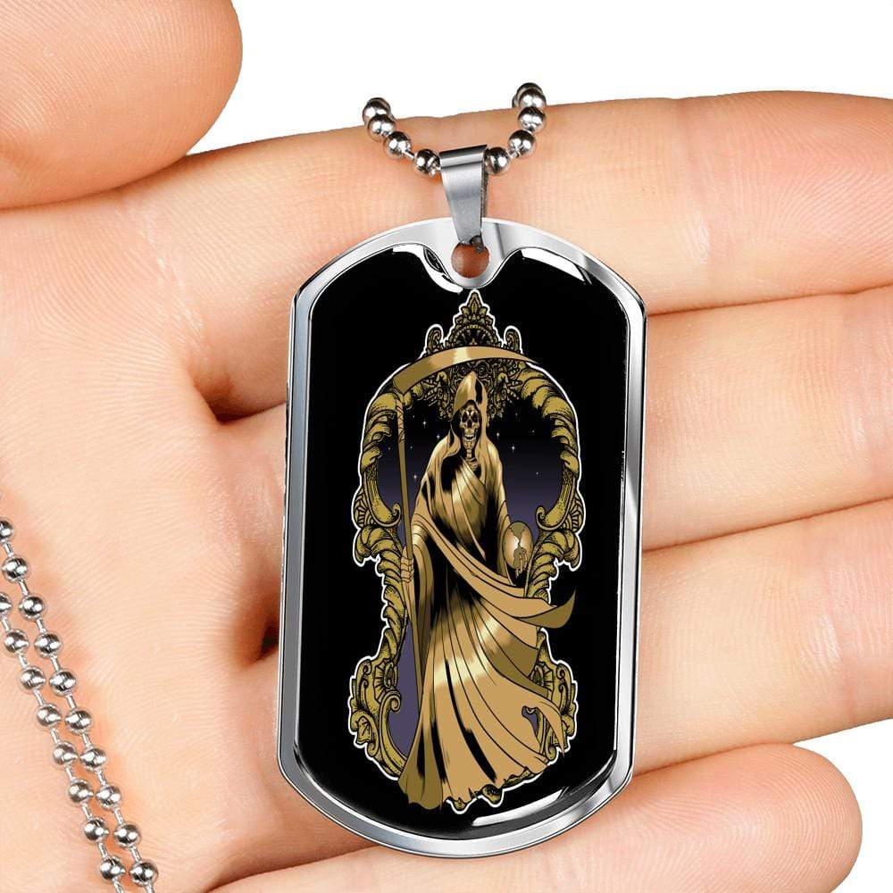 Santa Muerte Necklace St Death Gold Robe Dog Tag Stainless Steel or 18k Gold 24" Chain - Express Your Love Gifts