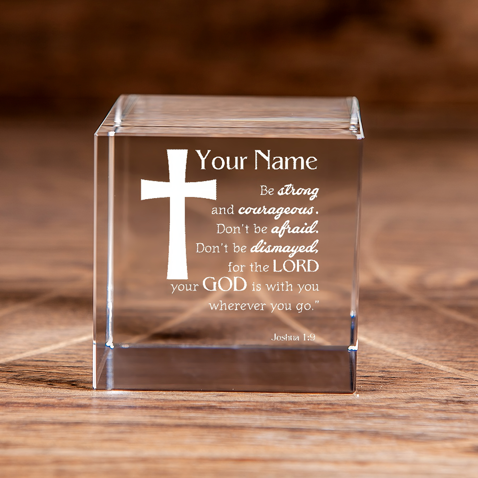 Joshua 1:9 Be Strong and Courageous Cross Square Cut Crystal Cube Personalized Christian Gift-Express Your Love Gifts