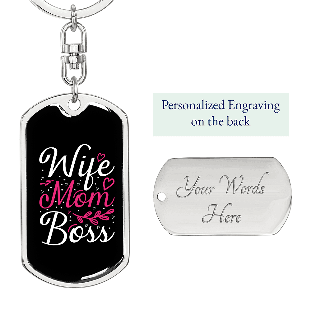 Boss Mom Wife Keychain Stainless Steel or 18k Gold Dog Tag Keyring-Express Your Love Gifts