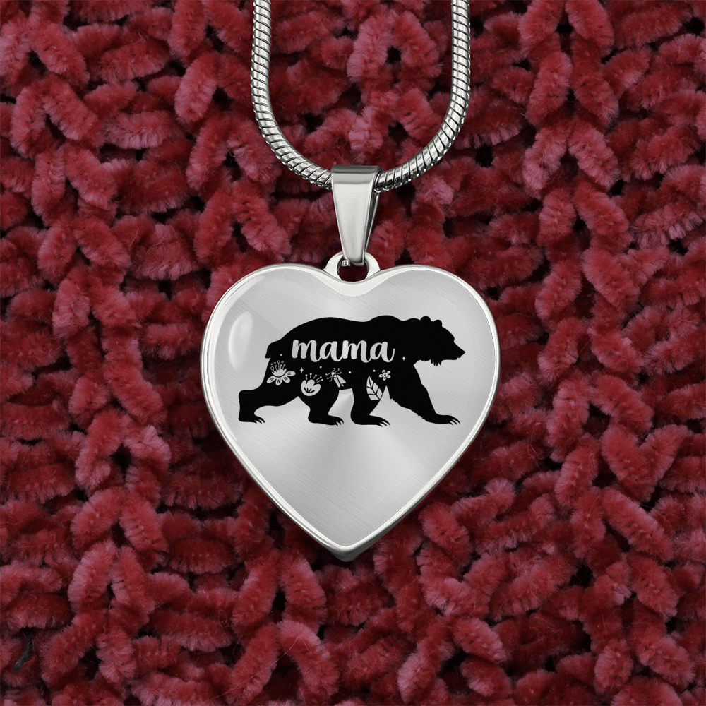 To My Mom Mama Bear Necklace Stainless Steel or 18k Gold Heart 18-22"-Express Your Love Gifts