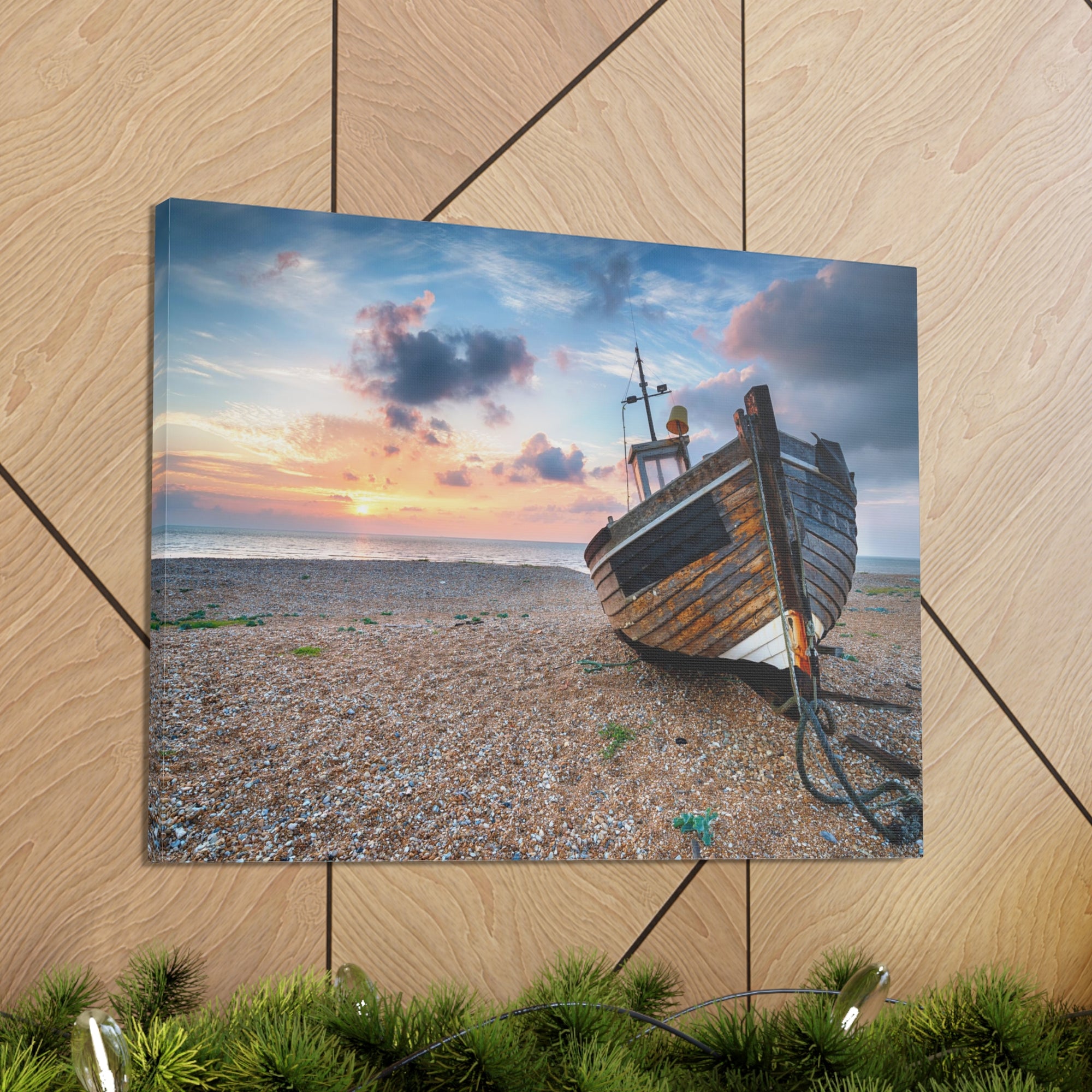 Beautiful Sunrise Wooden Fishing Boat Ocean Canvas Wall Art for Home Decor Ready-to-Hang-Express Your Love Gifts