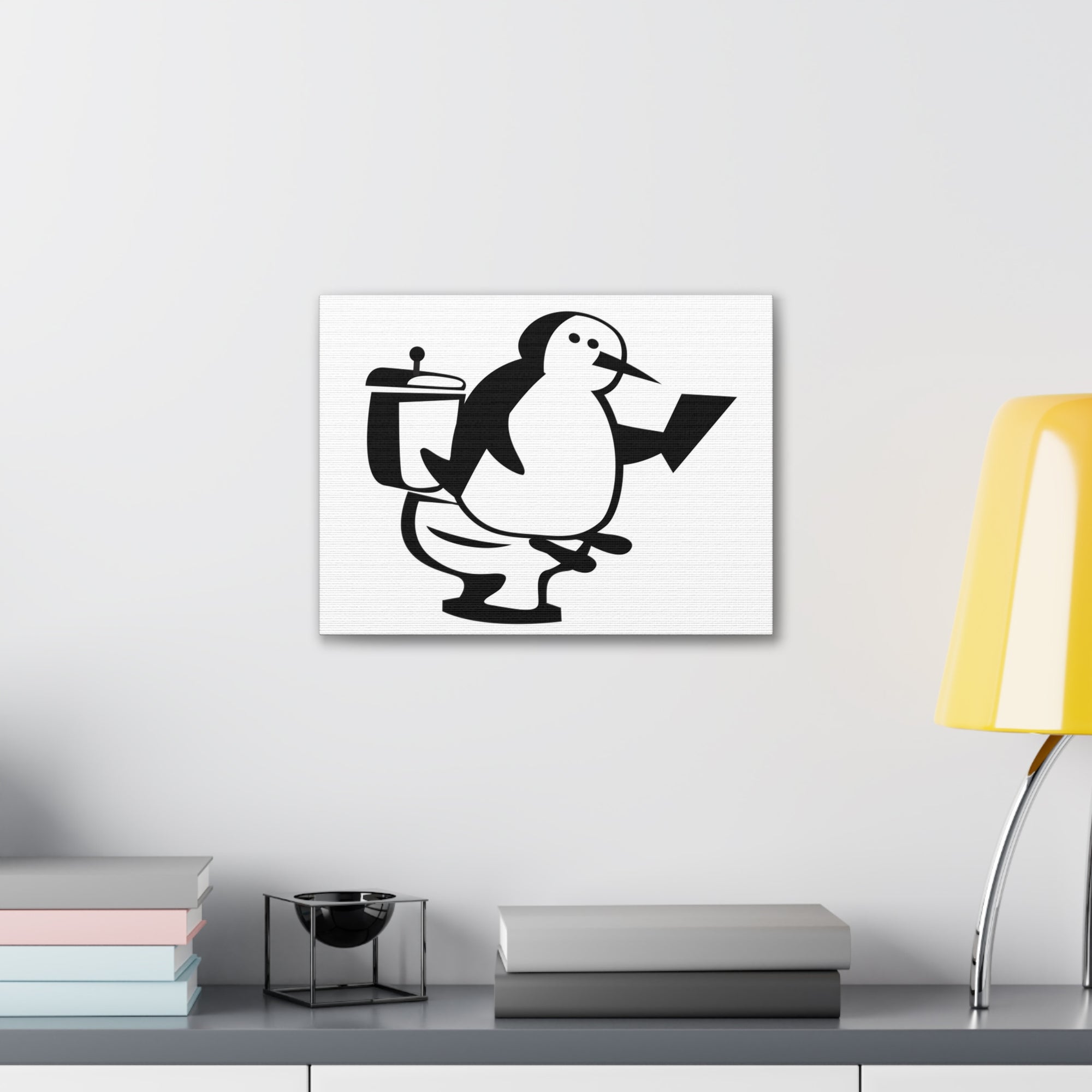 Cartoon Penguin Reading Newspaper On Toilet Funny Canvas Wall Art for Home Decor Ready-to-Hand-Express Your Love Gifts