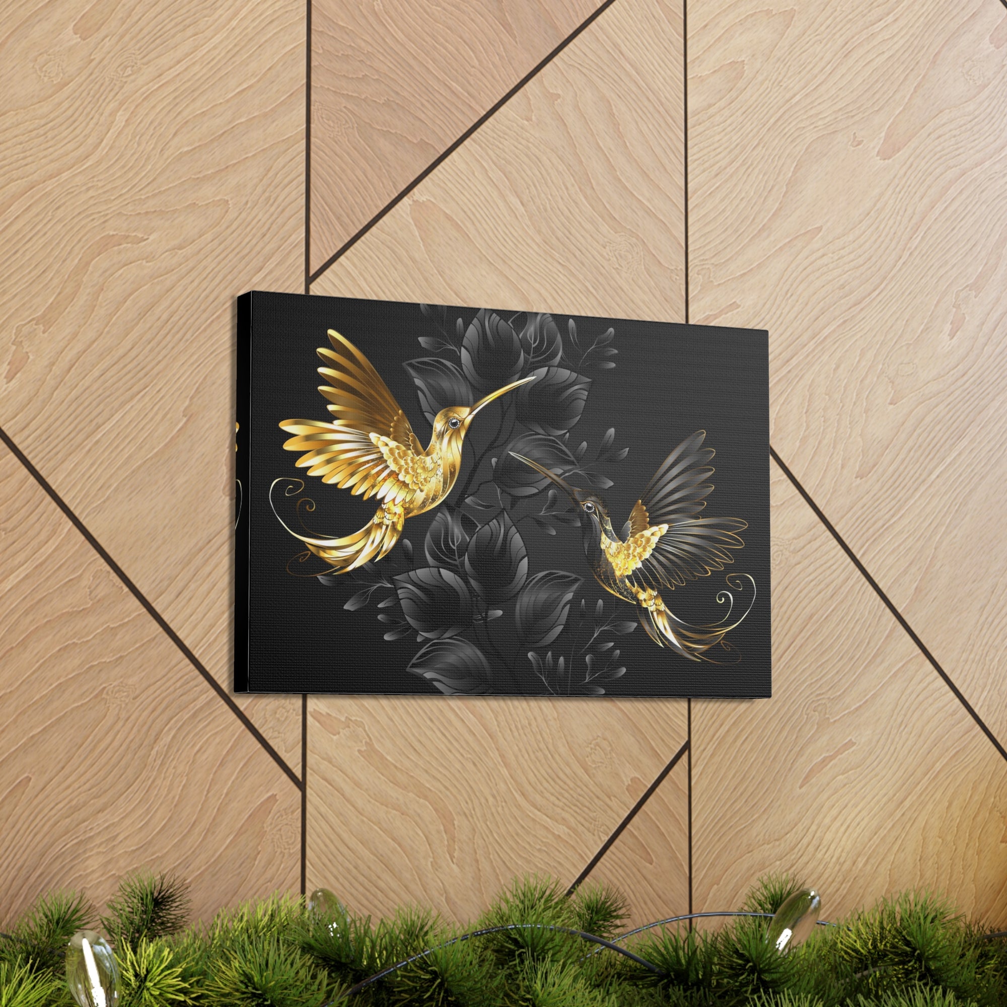 Black Gold Jewelry Hummingbirds With Flowers Canvas Wall Art for Home Decor Ready-to-Hang-Express Your Love Gifts