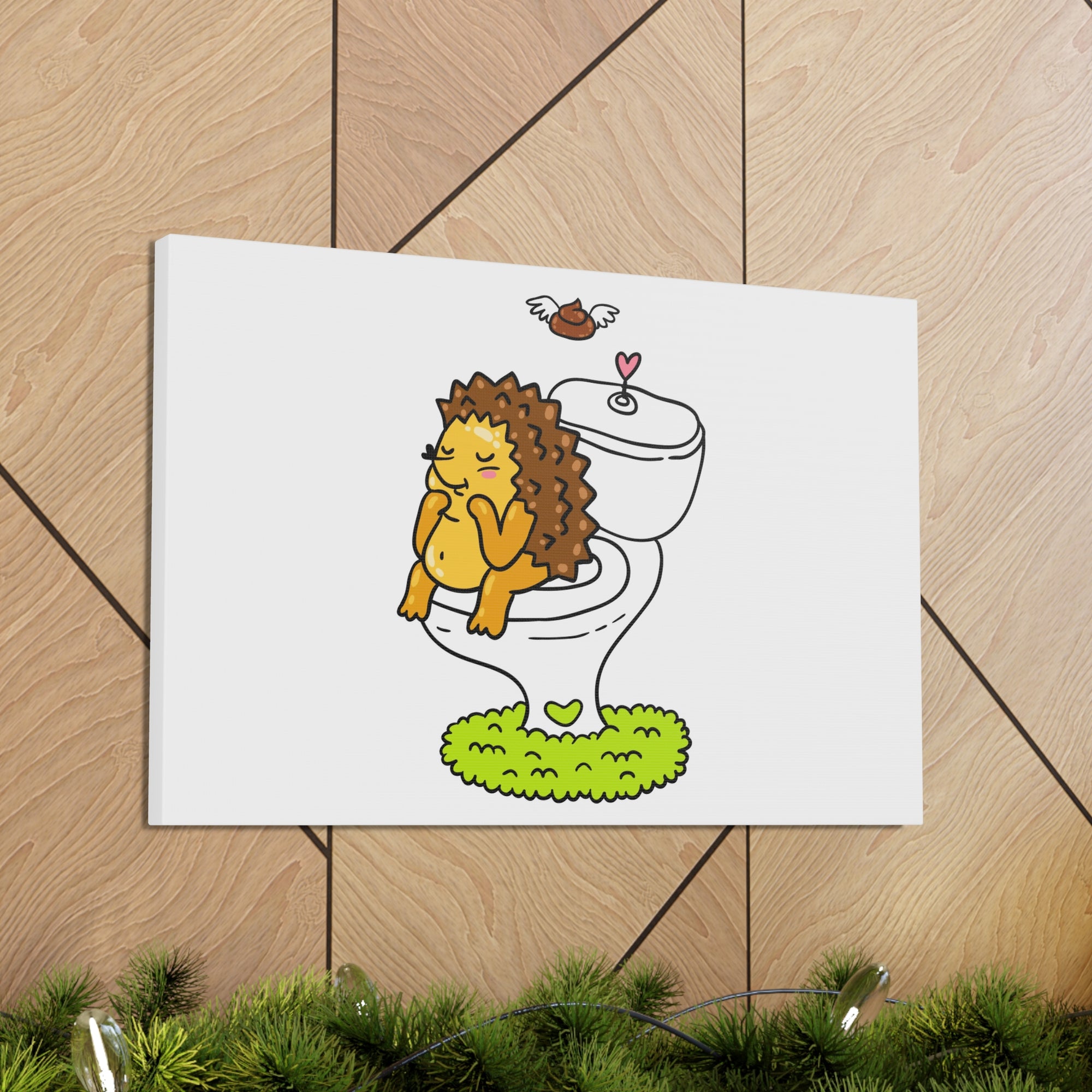 Cute Little Hedgehog Sitting On Toilet Funny Canvas Wall Art for Home Decor Ready-to-Hand-Express Your Love Gifts