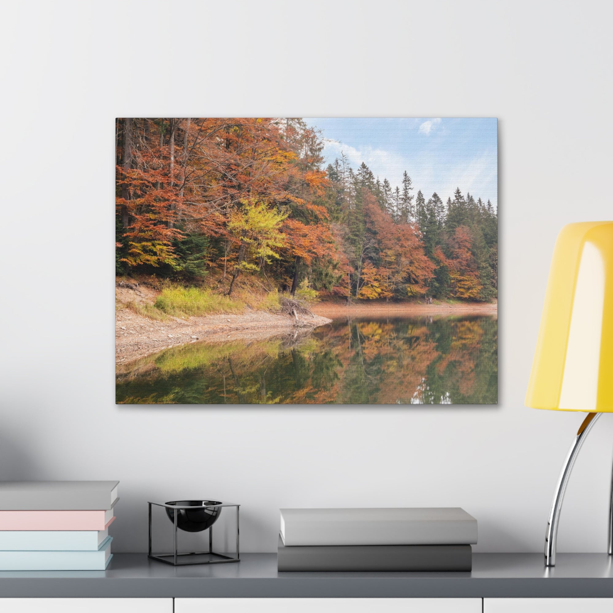 Autumn Forest Lake Orange Leave Tree Nature Wilderness Photography Canvas Wall Art for Home Decor Ready-to-Hang-Express Your Love Gifts