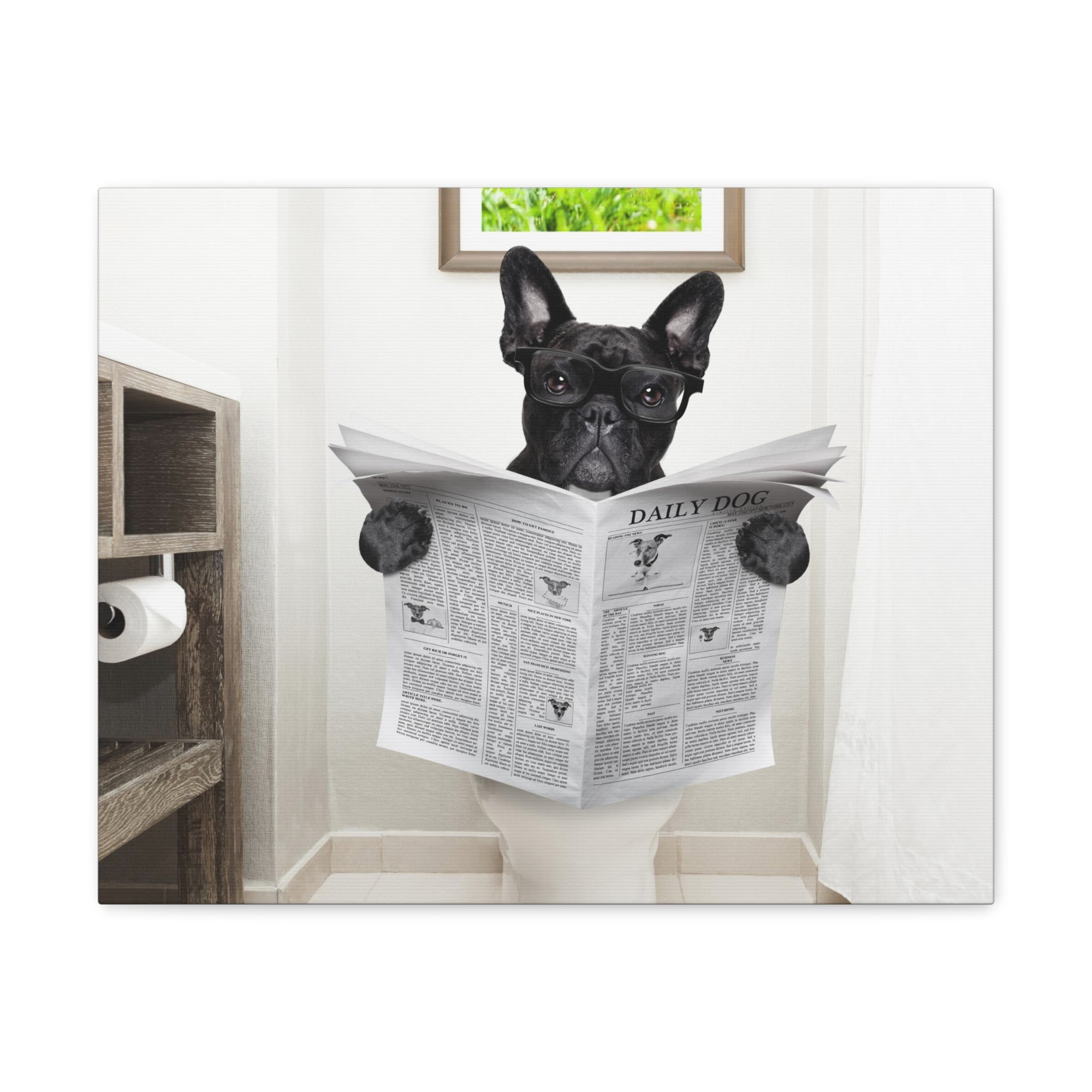 French Bulldog Reading Newspaper On Toilet Funny Canvas Wall Art for Home Decor Ready-to-Hand-Express Your Love Gifts