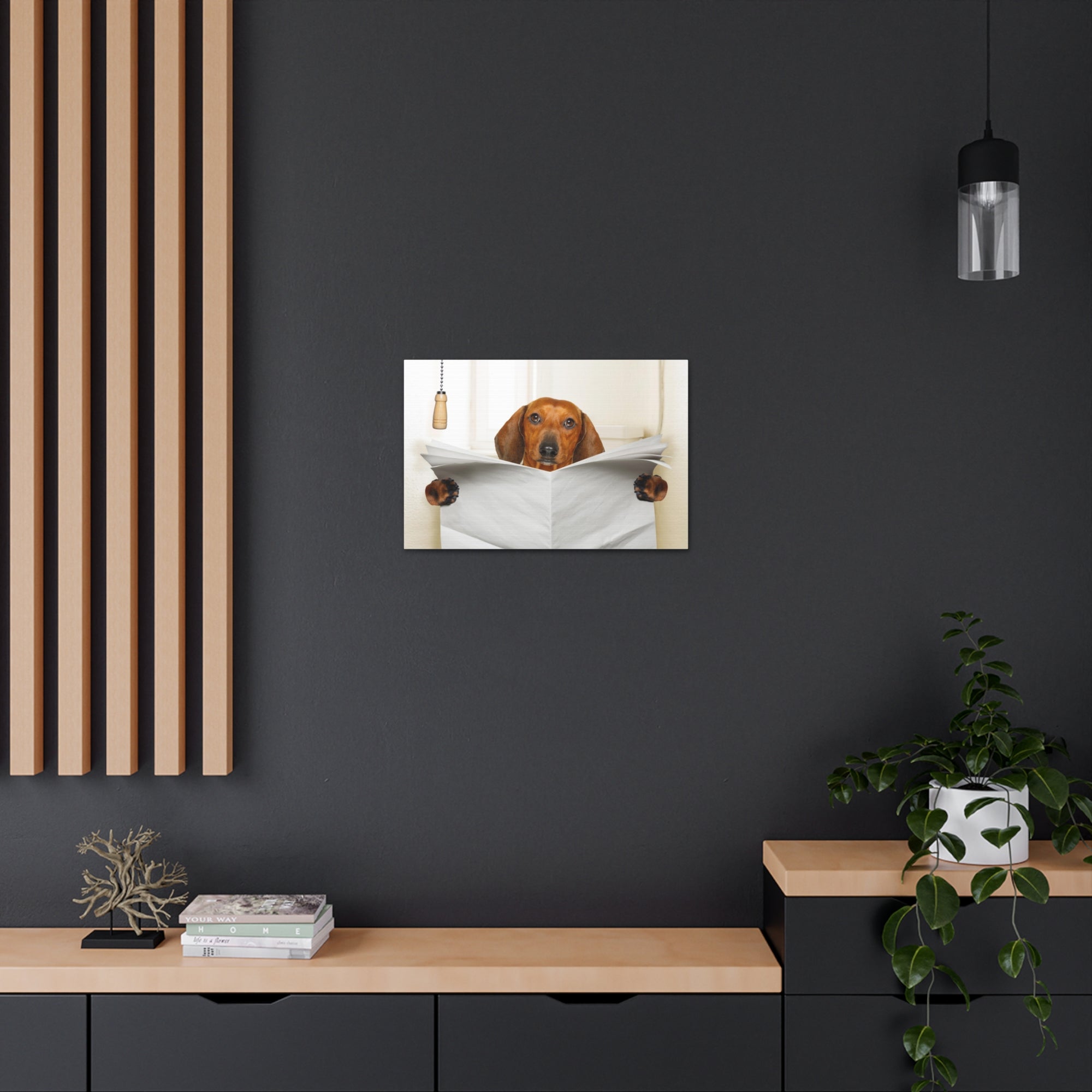 Funny Sausage Dachshund Reading Blank Paper On Toilet Funny Canvas Wall Art for Home Decor Ready-to-Hand-Express Your Love Gifts