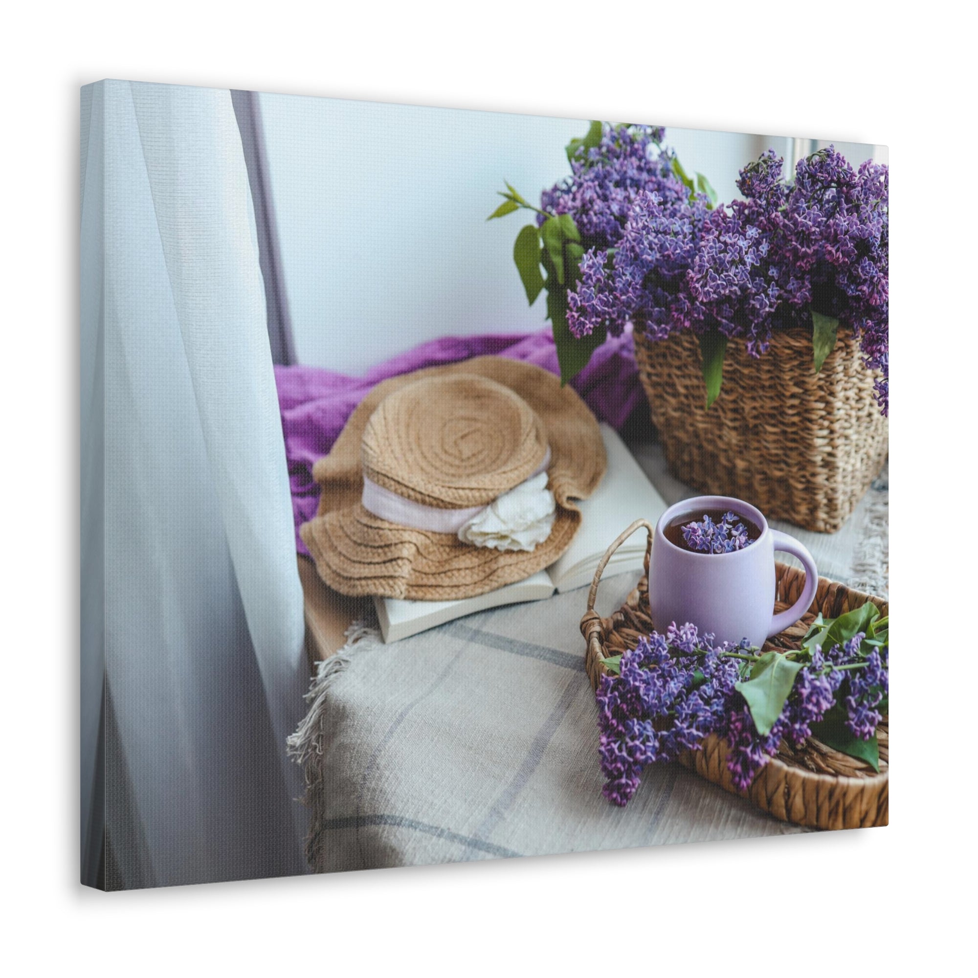 Basket Of Lilacs Straw Hat Teacup On Table Country Background Canvas Wall Art for Home Decor Ready-to-Hang-Express Your Love Gifts