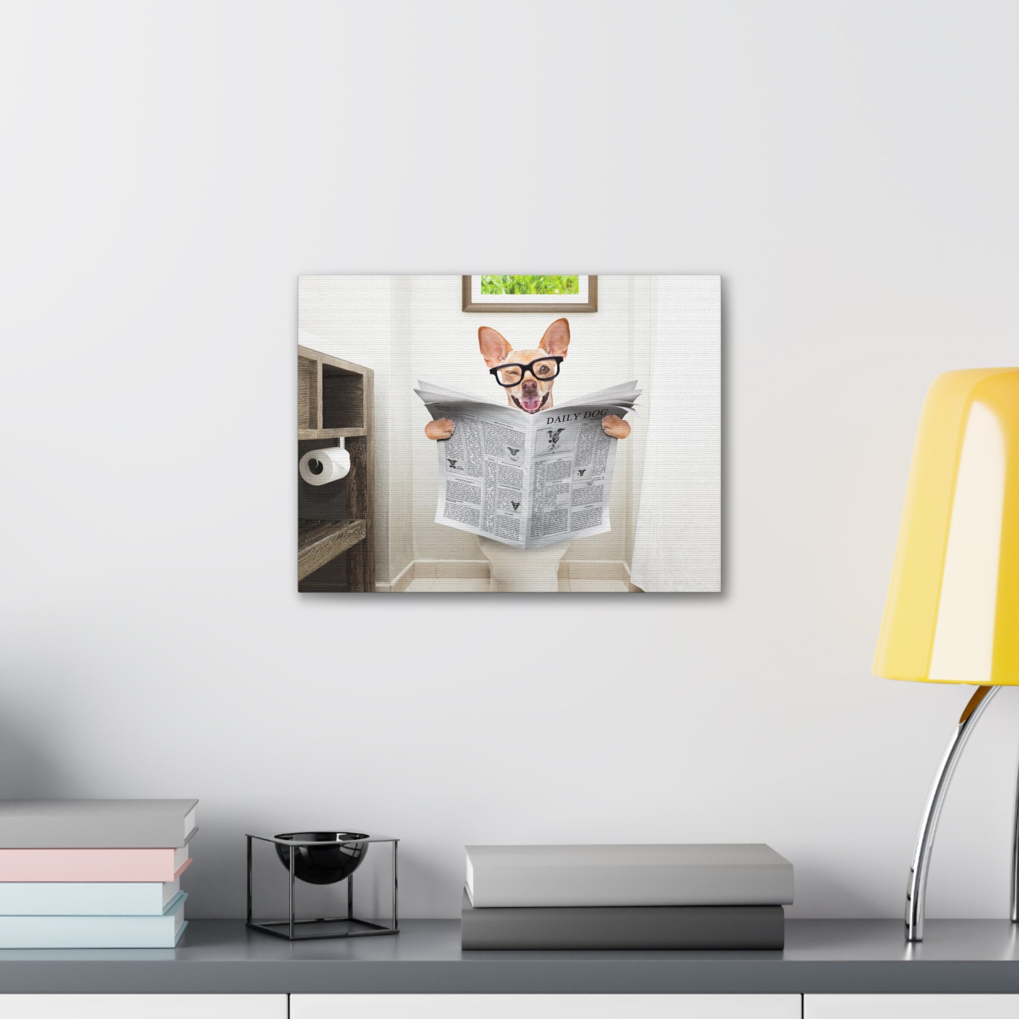 Funny Chihuahua Reading Newspaper On Toilet Funny Canvas Wall Art for Home Decor Ready-to-Hand-Express Your Love Gifts