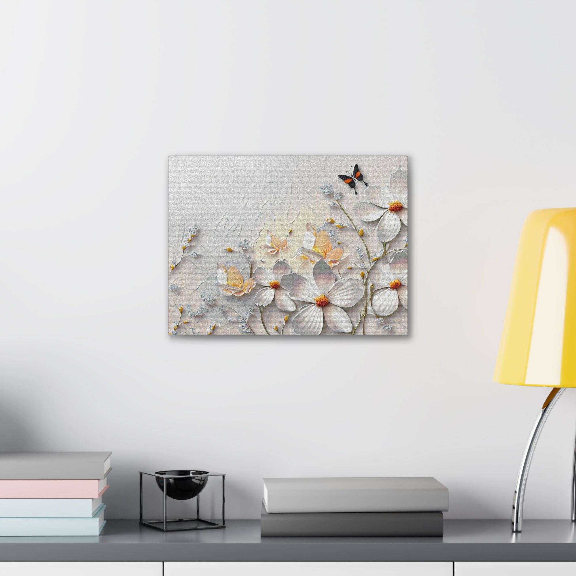 3D Abstract Small And Large White Flowers With Butterflies Oil Painting Canvas Wall Art for Home Decor Ready-to-Hang-Express Your Love Gifts