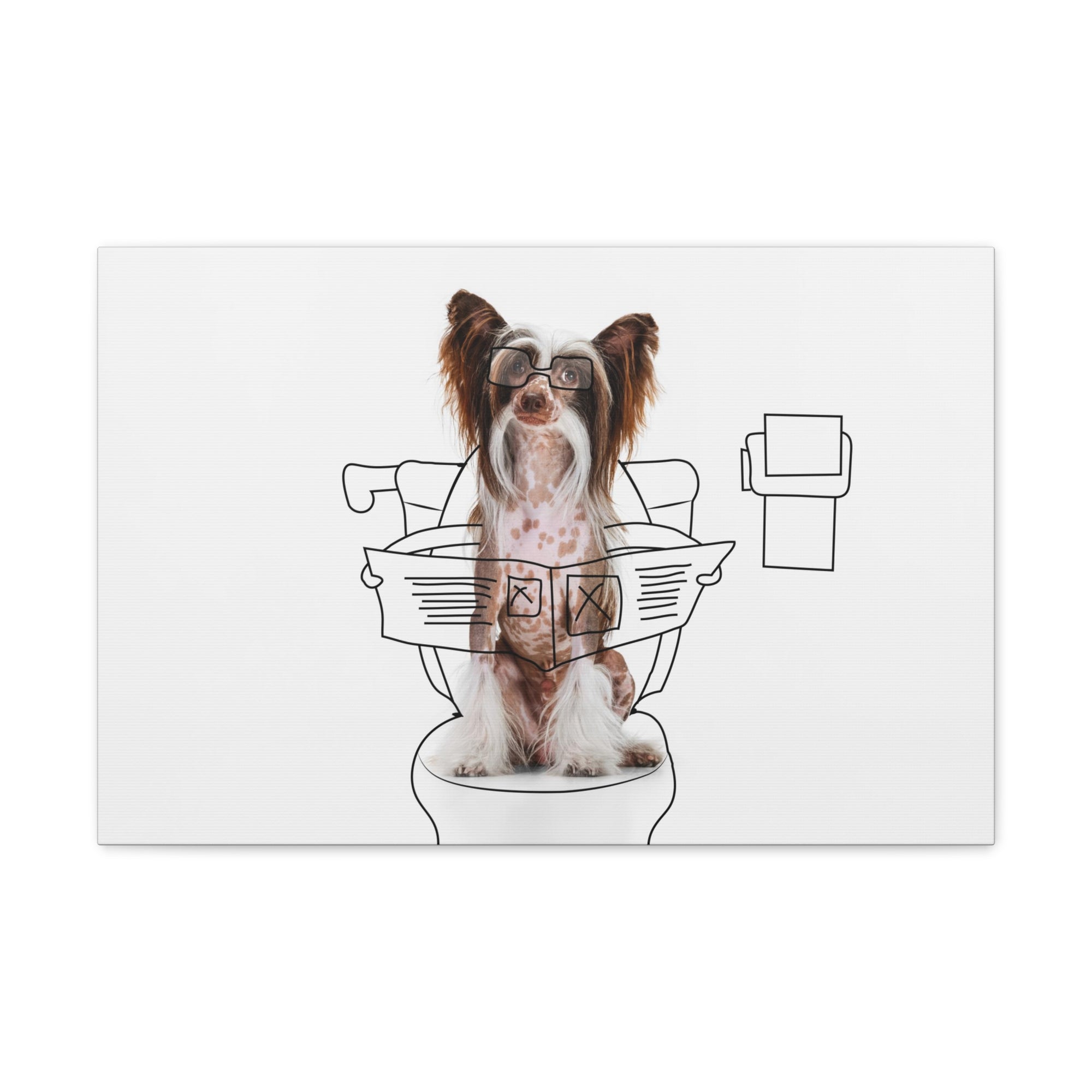 Chinese Crested Reading Newspaper On Toilet Funny Canvas Wall Art for Home Decor Ready-to-Hand-Express Your Love Gifts