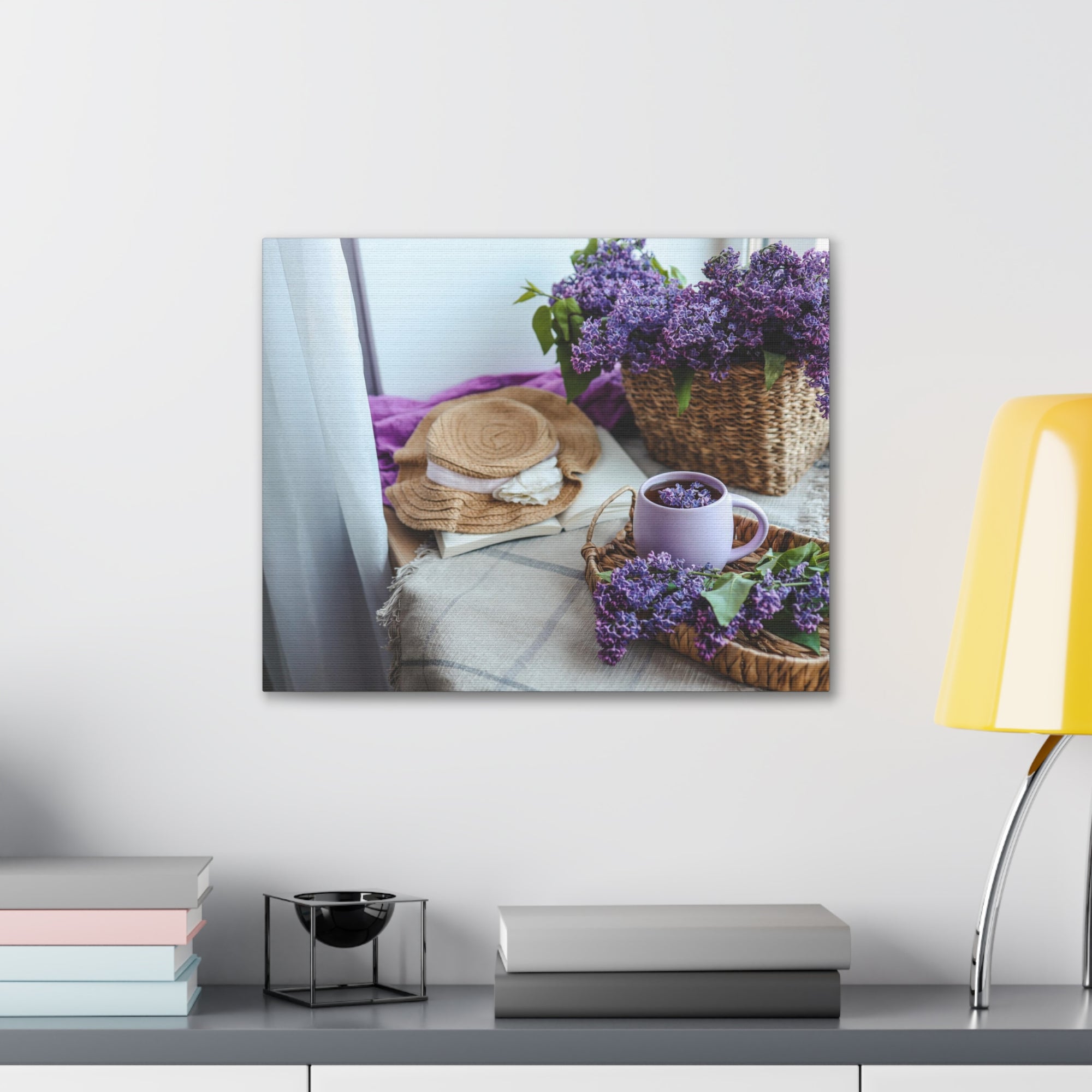 Basket Of Lilacs Straw Hat Teacup On Table Country Background Canvas Wall Art for Home Decor Ready-to-Hang-Express Your Love Gifts