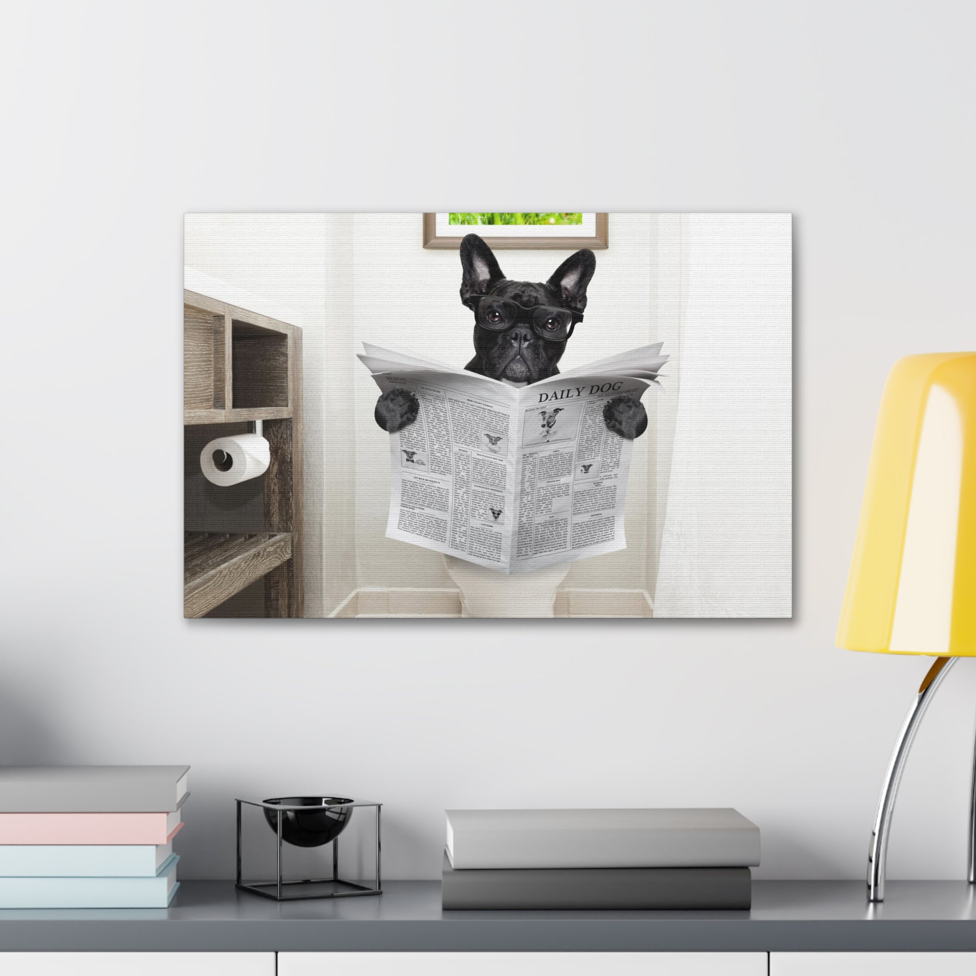 French Bulldog Reading Newspaper On Toilet Funny Canvas Wall Art for Home Decor Ready-to-Hand-Express Your Love Gifts