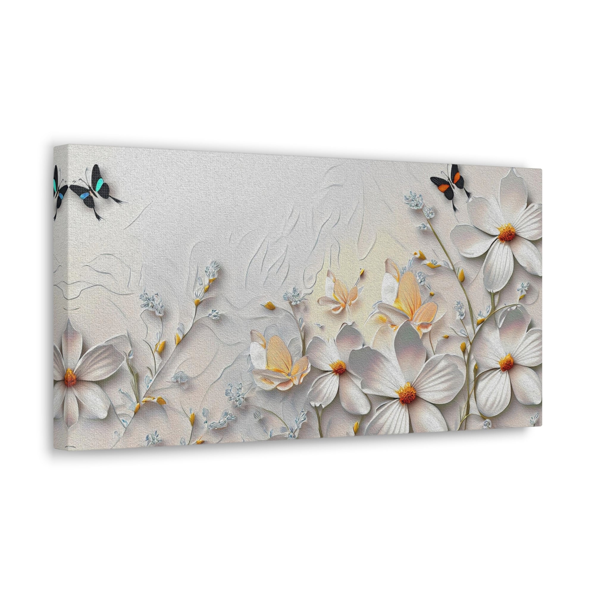 3D Abstract Small And Large White Flowers With Butterflies Oil Painting Canvas Wall Art for Home Decor Ready-to-Hang-Express Your Love Gifts