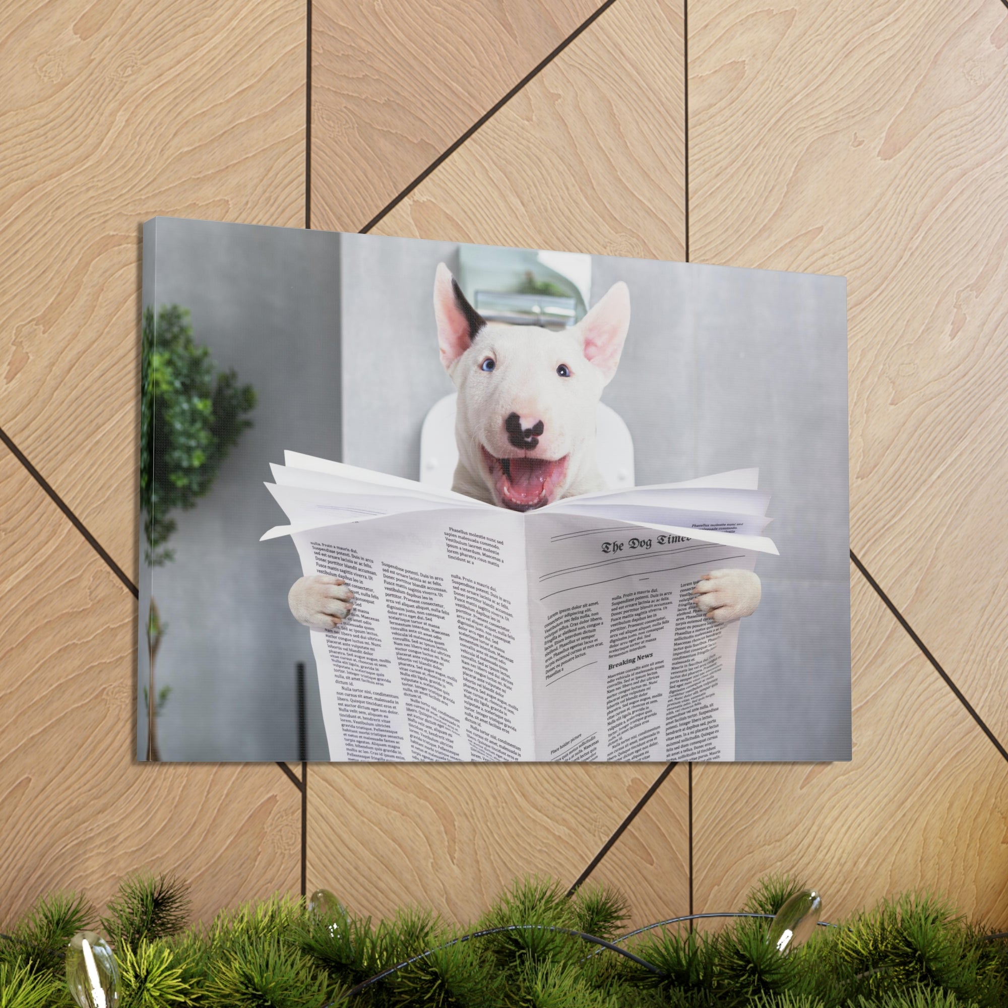 Smiling Bullterrier Reading Newspaper On Toilet Funny Canvas Wall Art for Home Decor Ready-to-Hand-Express Your Love Gifts