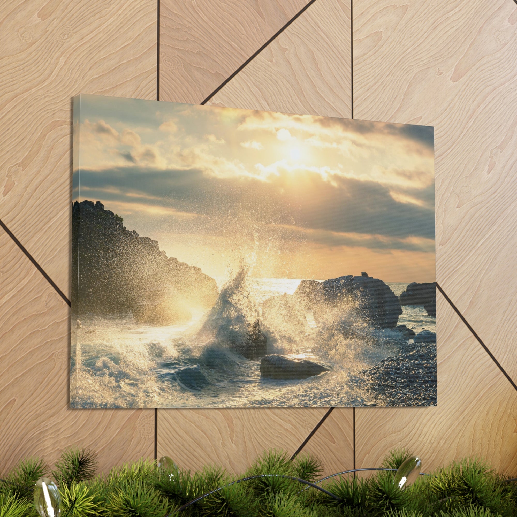 Big Wave Hit Rock At Beach Sunset Seascape Ocean Canvas Wall Art for Home Decor Ready-to-Hang-Express Your Love Gifts