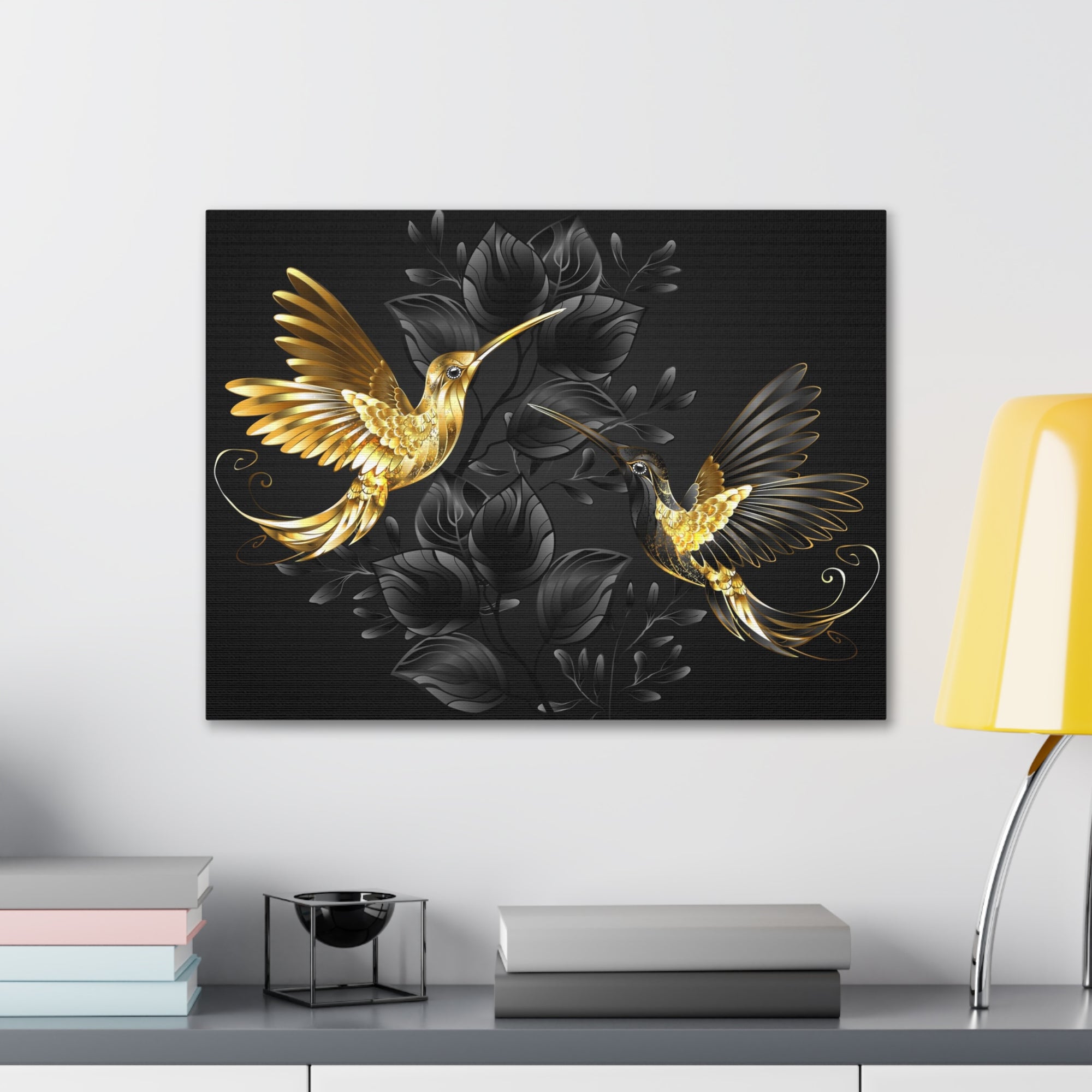 Black Gold Jewelry Hummingbirds With Flowers Canvas Wall Art for Home Decor Ready-to-Hang-Express Your Love Gifts