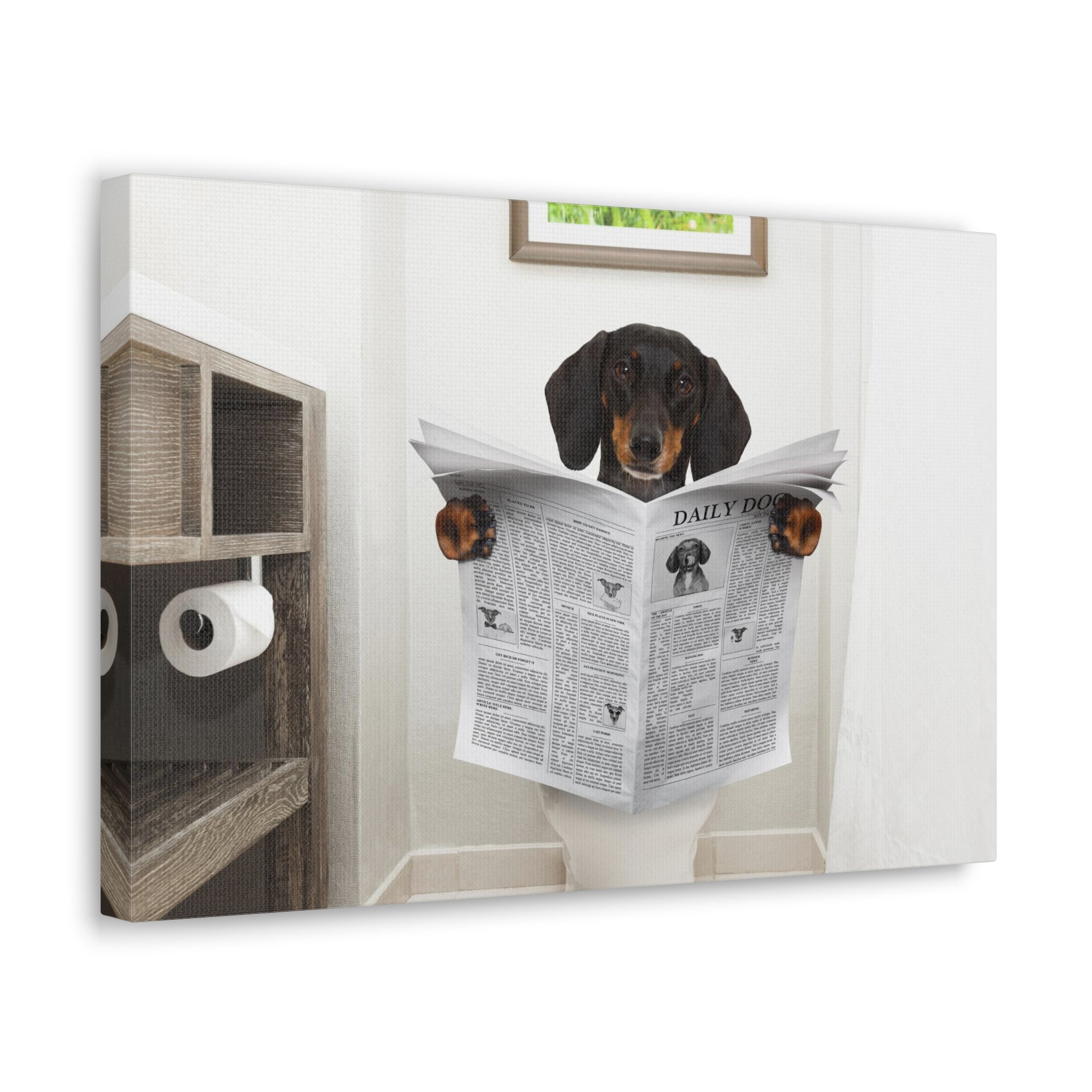 Dachshund Or Sausage Dog Reading Newspaper On Toilet Funny Canvas Wall Art for Home Decor Ready-to-Hand-Express Your Love Gifts