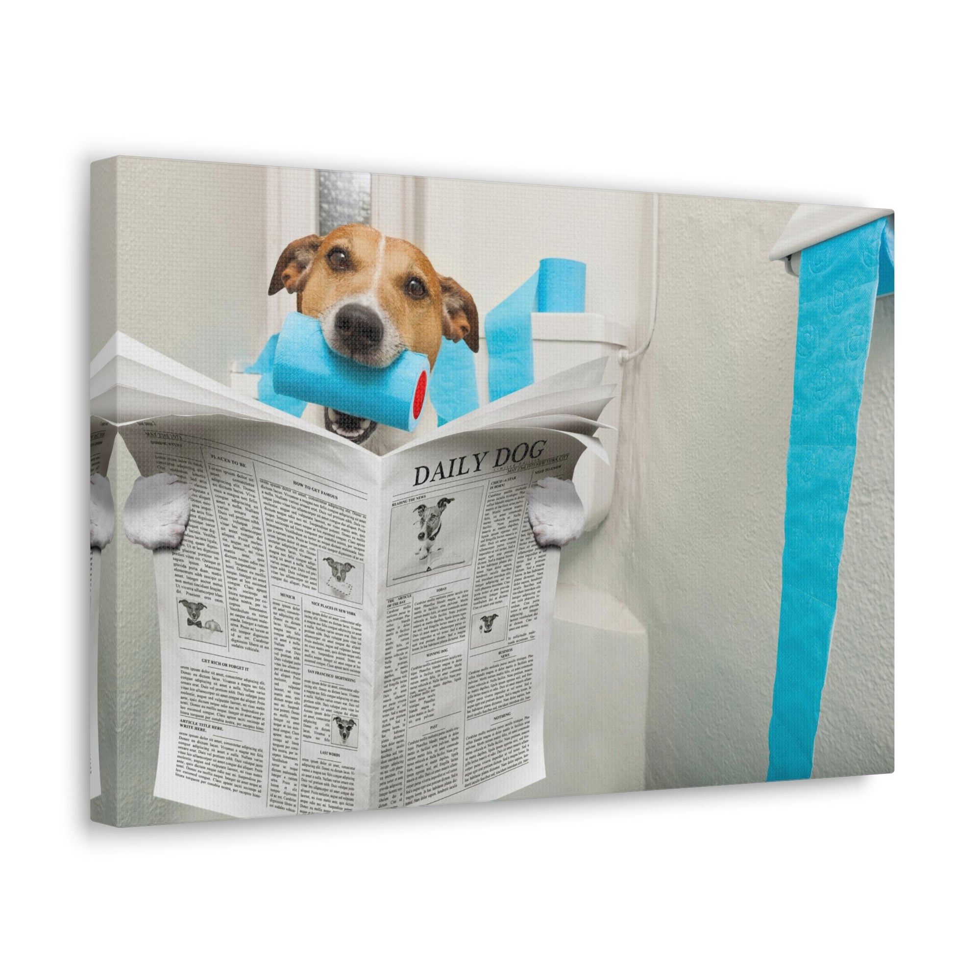 Jack Russell Terrier Biting Tissue Reading Newspaper On Toilet Funny Canvas Wall Art for Home Decor Ready-to-Hand-Express Your Love Gifts