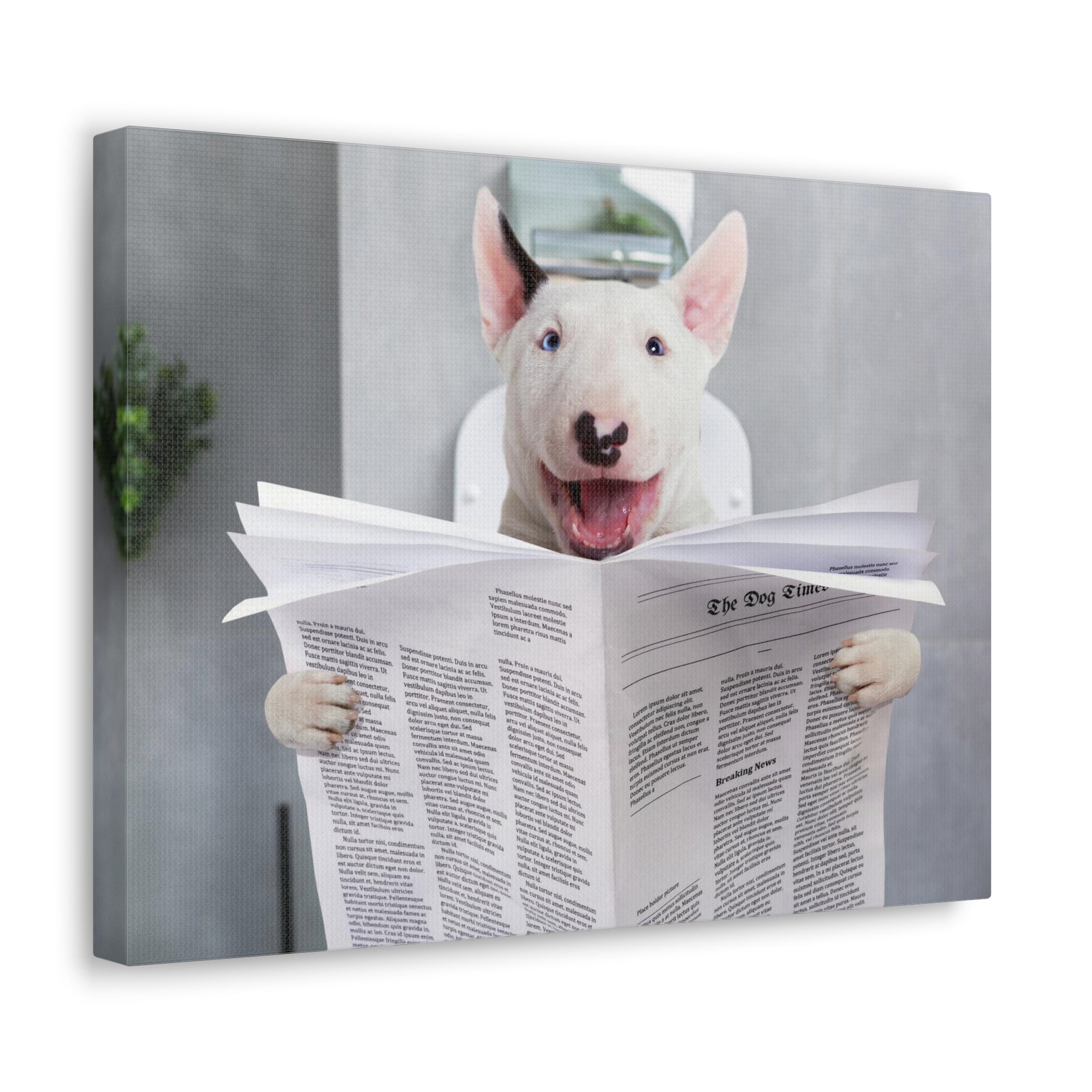 Smiling Bullterrier Reading Newspaper On Toilet Funny Canvas Wall Art for Home Decor Ready-to-Hand-Express Your Love Gifts