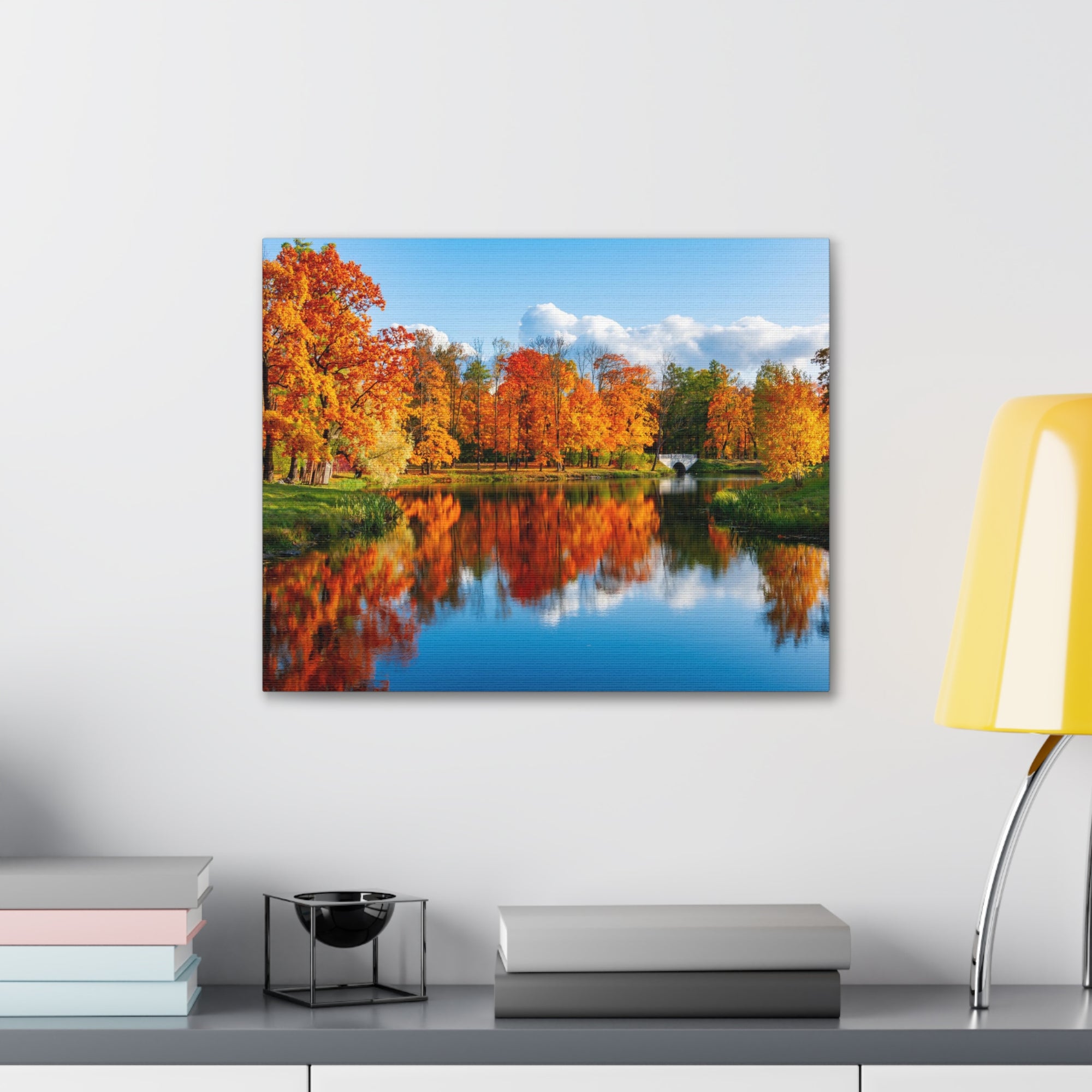 Autumn Fall Forest Orange Leaves Lake Nature Wilderness Photography Canvas Wall Art for Home Decor Ready-to-Hang-Express Your Love Gifts