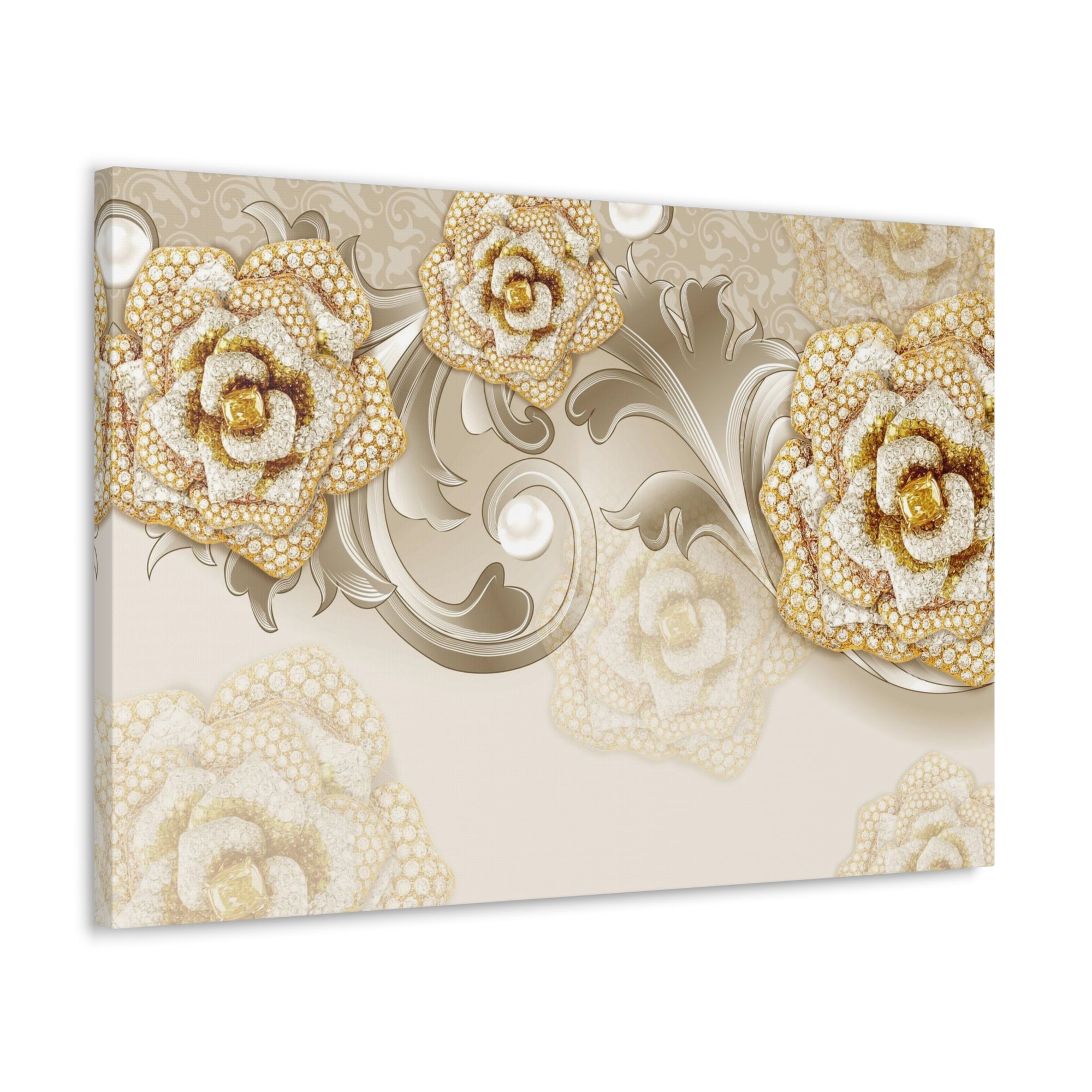 3D Gold And Gray Floral Flower Canvas Wall Art for Home Decor Ready-to-Hang-Express Your Love Gifts