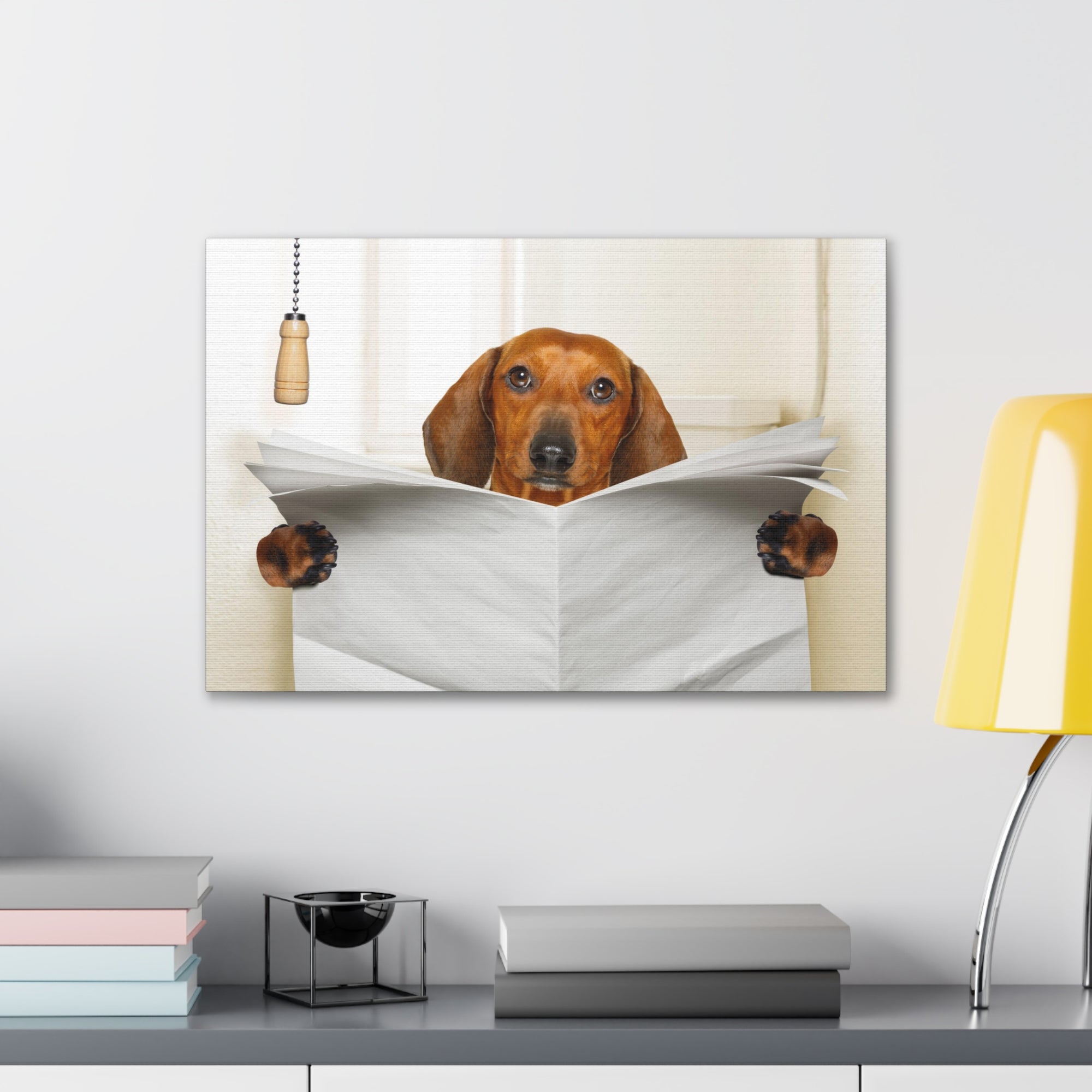 Funny Sausage Dachshund Reading Blank Paper On Toilet Funny Canvas Wall Art for Home Decor Ready-to-Hand-Express Your Love Gifts