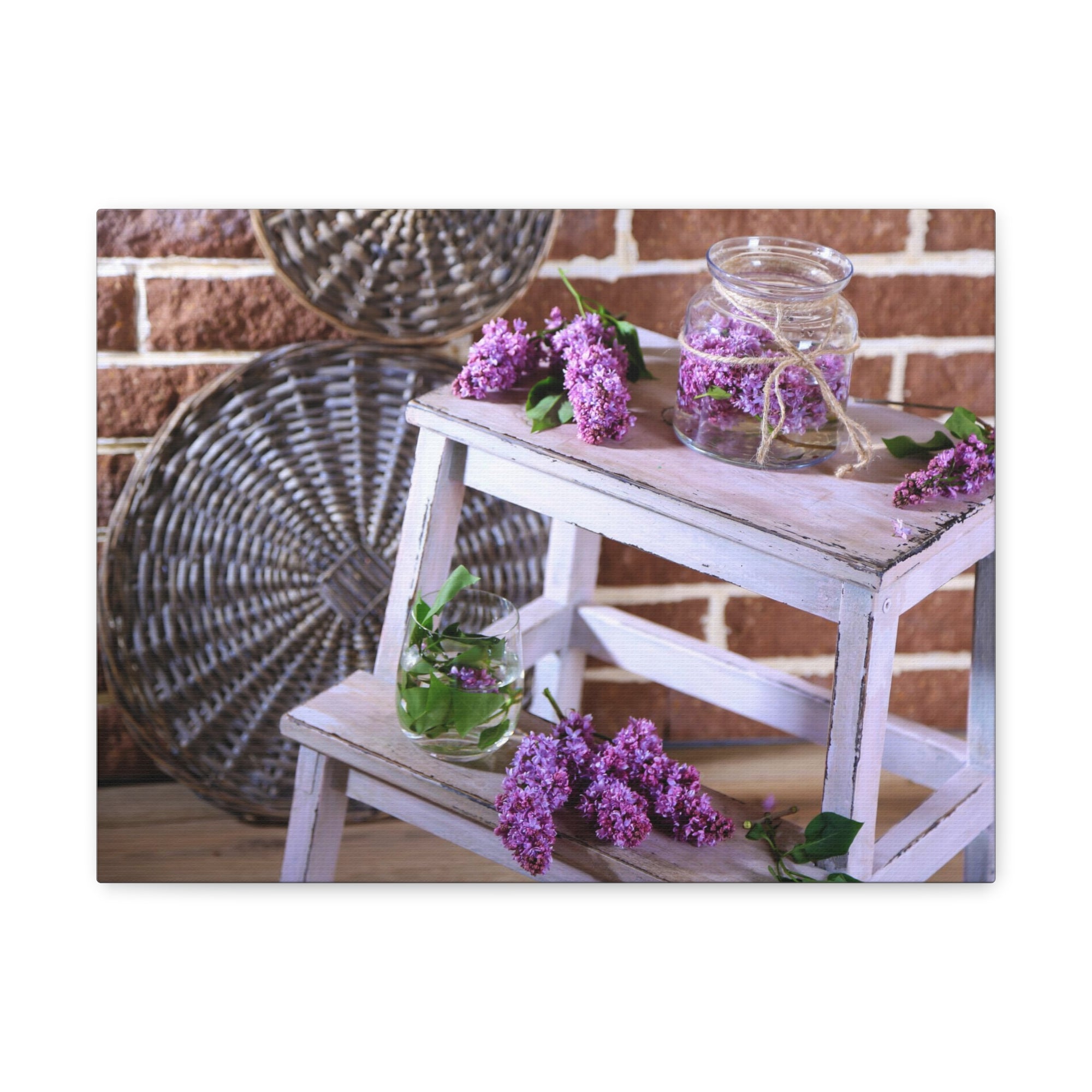 Beautiful Lilac Flowers On Wooden Ladder Rustic Design Canvas Wall Art for Home Decor Ready-to-Hang-Express Your Love Gifts