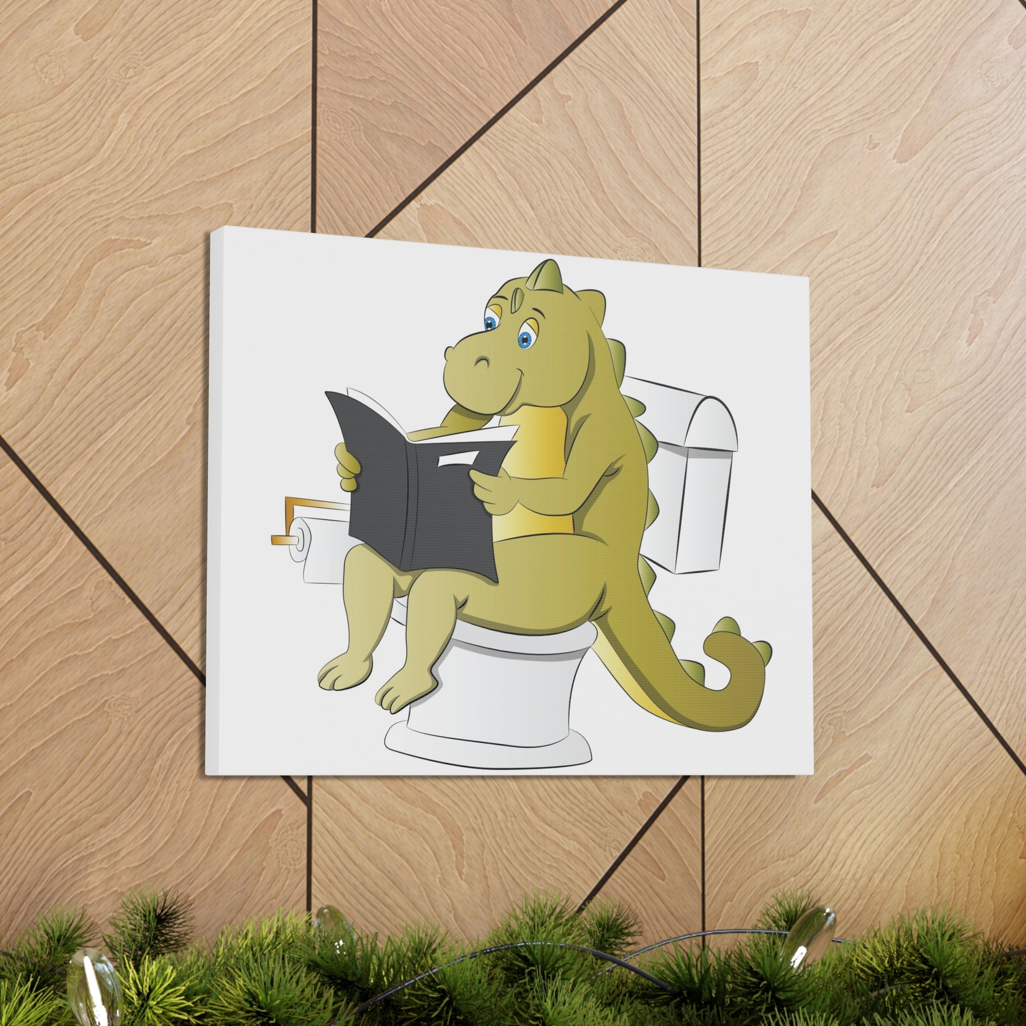 Dinosaur Sitting Reading Newspaper On Toilet Funny Canvas Wall Art for Home Decor Ready-to-Hand-Express Your Love Gifts