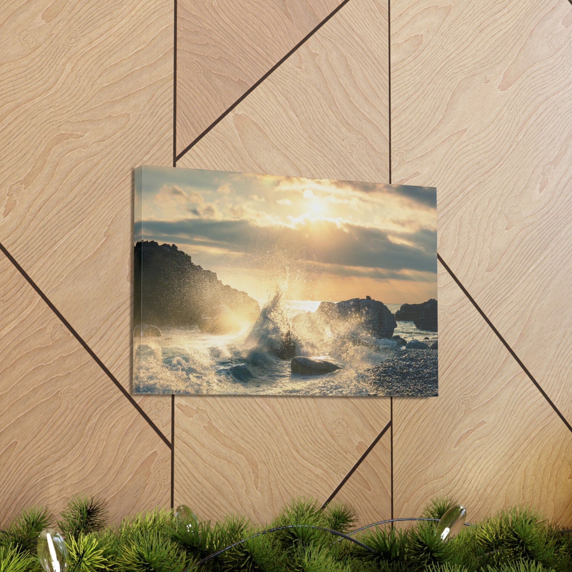 Big Wave Hit Rock At Beach Sunset Seascape Ocean Canvas Wall Art for Home Decor Ready-to-Hang-Express Your Love Gifts