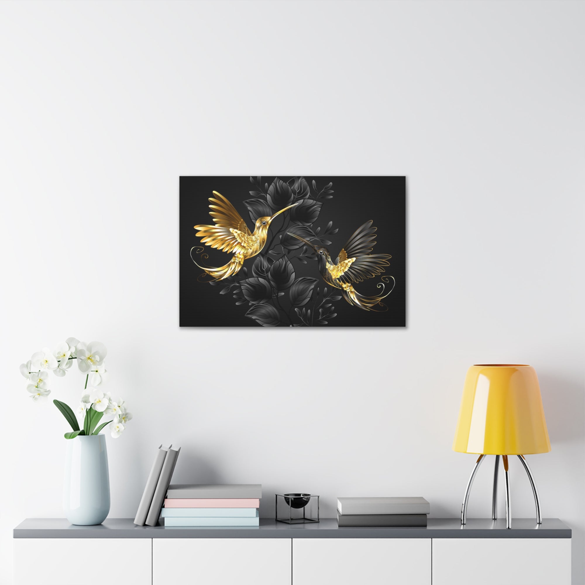 Black Gold Jewelry Hummingbirds With Flowers Canvas Wall Art for Home Decor Ready-to-Hang-Express Your Love Gifts