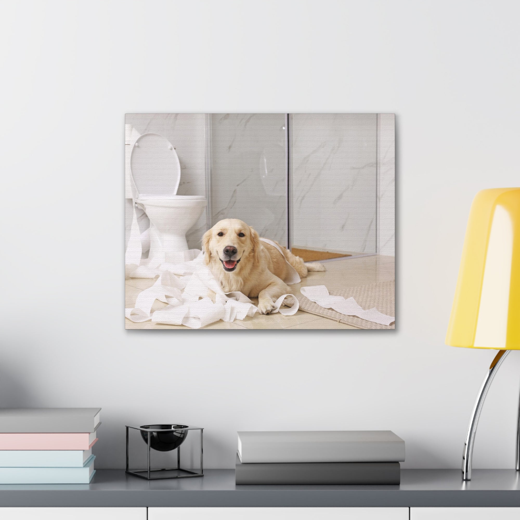 Cute Golden Labrador Retriever Playing On Toilet Funny Canvas Wall Art for Home Decor Ready-to-Hand-Express Your Love Gifts