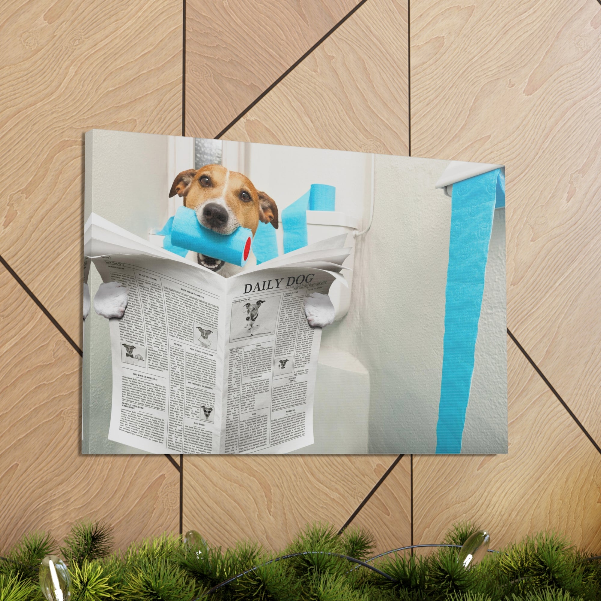 Jack Russell Terrier Biting Tissue Reading Newspaper On Toilet Funny Canvas Wall Art for Home Decor Ready-to-Hand-Express Your Love Gifts