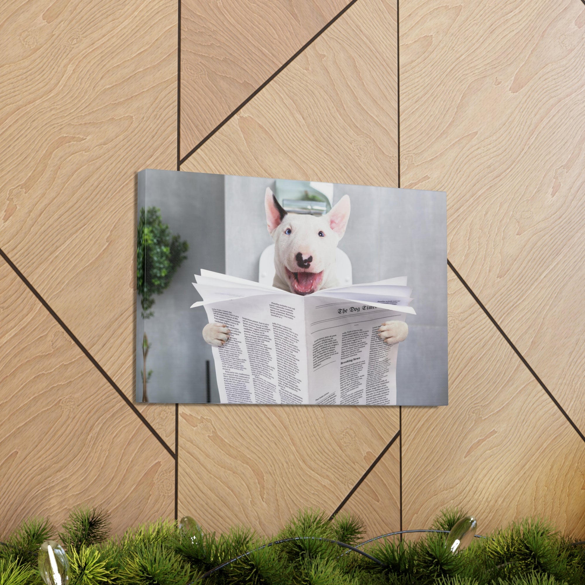 Smiling Bullterrier Reading Newspaper On Toilet Funny Canvas Wall Art for Home Decor Ready-to-Hand-Express Your Love Gifts