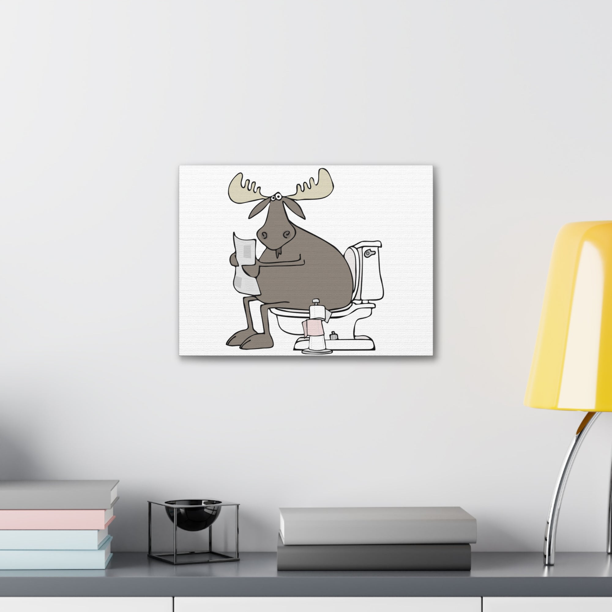 Moose Reading Newspaper On Toilet Funny Canvas Wall Art for Home Decor Ready-to-Hand-Express Your Love Gifts