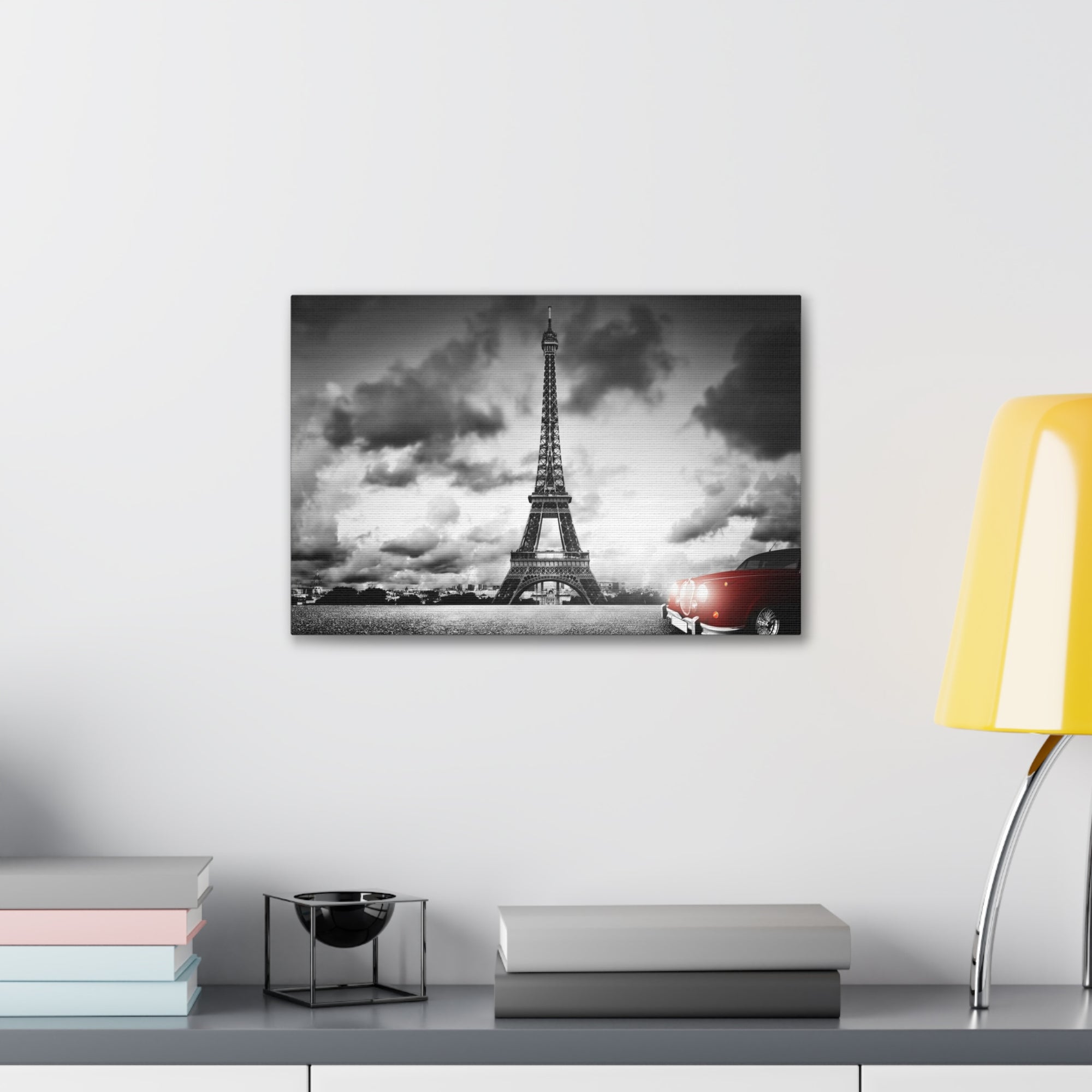 Artistic Image of Eiffel Tower And Red Retro Car Paris Eiffel Tower Couple France Canvas Artwork High-Quality Breathtaking French City for Home Decor Ready to Hang-Express Your Love Gifts