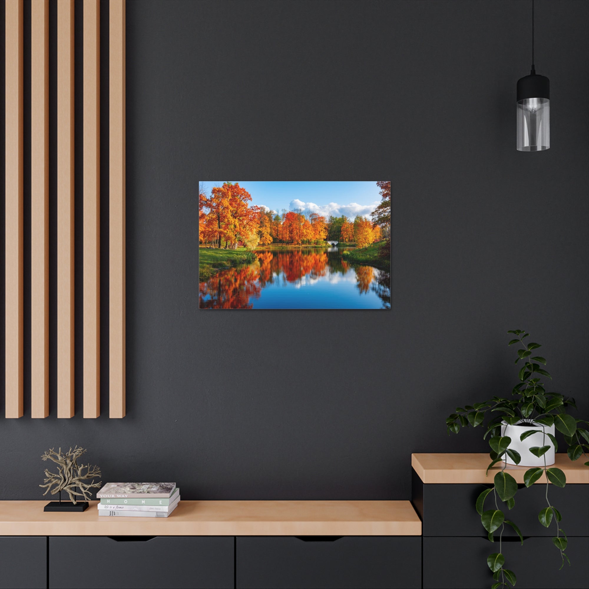 Autumn Fall Forest Orange Leaves Lake Nature Wilderness Photography Canvas Wall Art for Home Decor Ready-to-Hang-Express Your Love Gifts