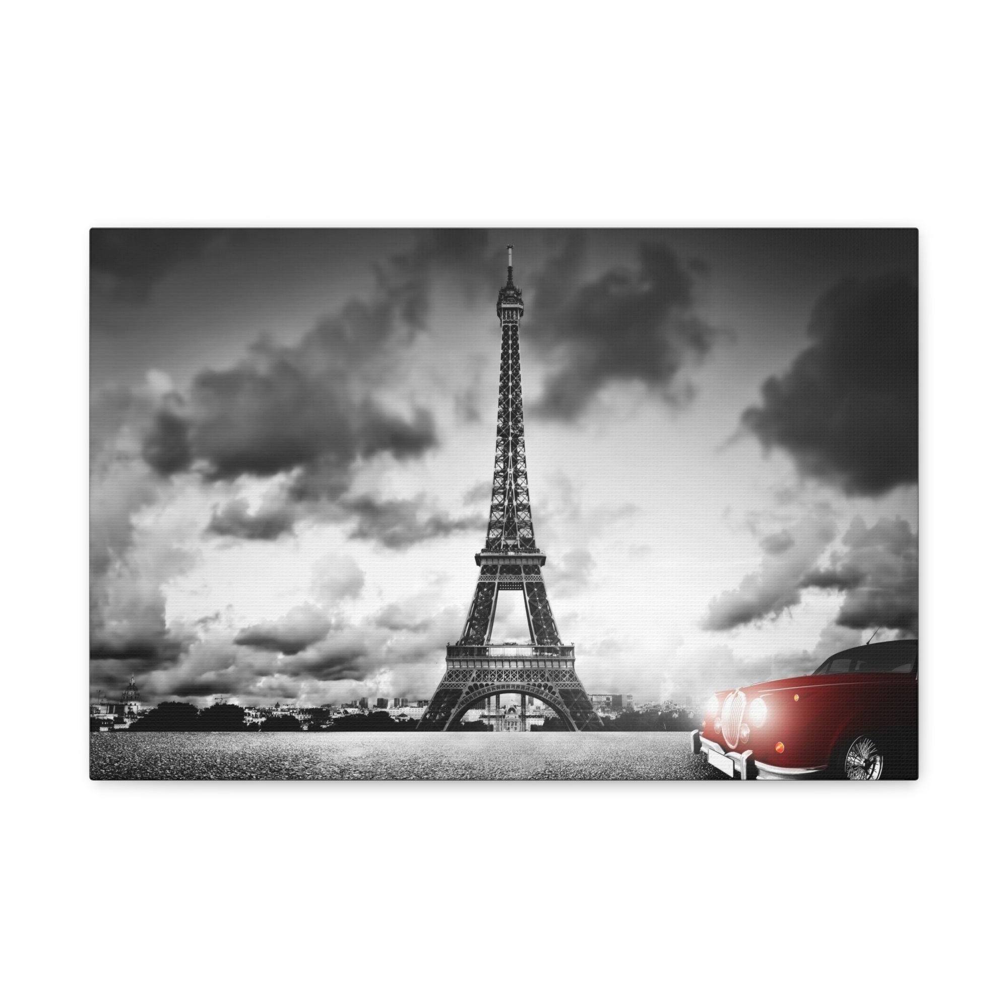 Artistic Image of Eiffel Tower And Red Retro Car Paris Eiffel Tower Couple France Canvas Artwork High-Quality Breathtaking French City for Home Decor Ready to Hang-Express Your Love Gifts