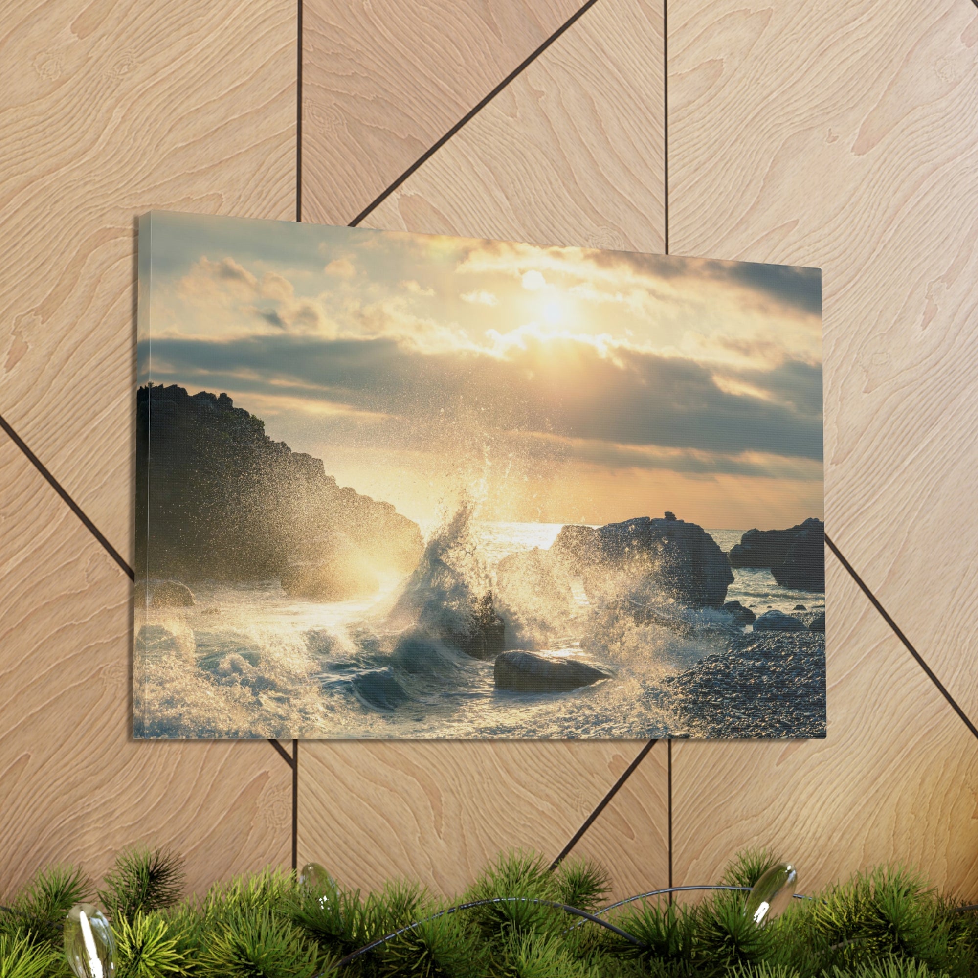 Big Wave Hit Rock At Beach Sunset Seascape Ocean Canvas Wall Art for Home Decor Ready-to-Hang-Express Your Love Gifts