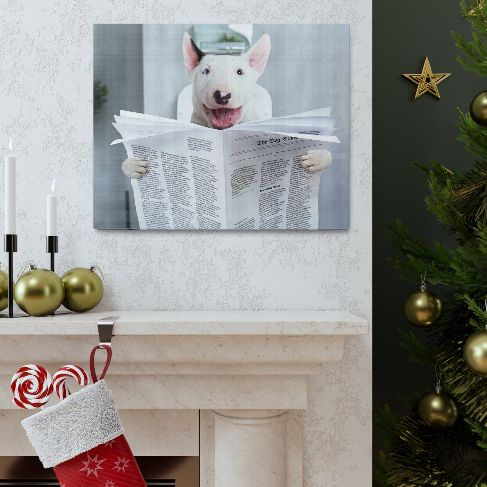 Smiling Bullterrier Reading Newspaper On Toilet Funny Canvas Wall Art for Home Decor Ready-to-Hand-Express Your Love Gifts