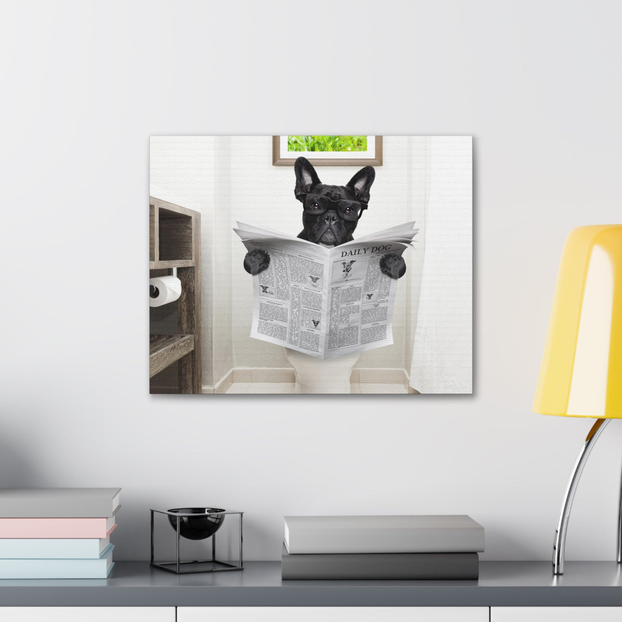 French Bulldog Reading Newspaper On Toilet Funny Canvas Wall Art for Home Decor Ready-to-Hand-Express Your Love Gifts