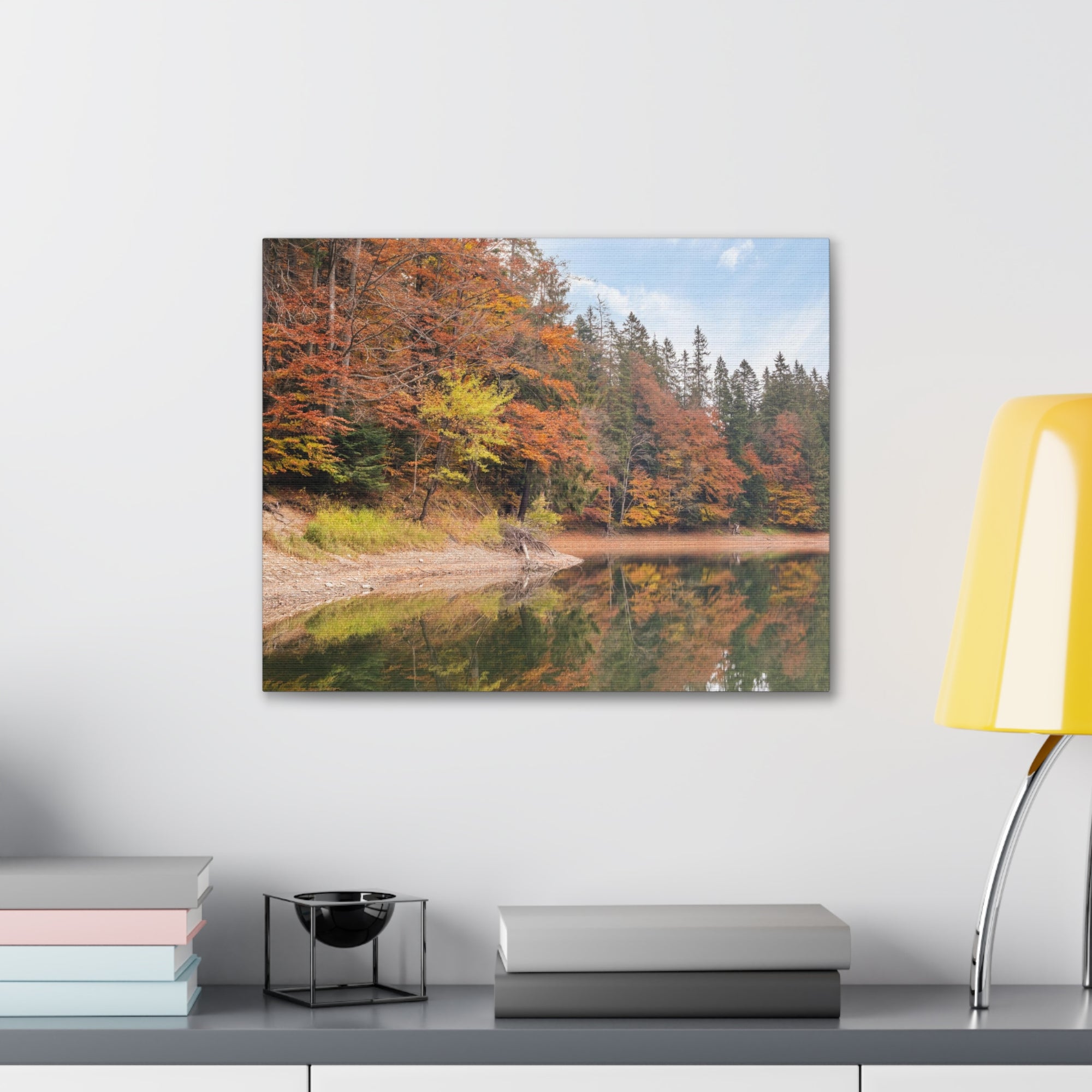 Autumn Forest Lake Orange Leave Tree Nature Wilderness Photography Canvas Wall Art for Home Decor Ready-to-Hang-Express Your Love Gifts