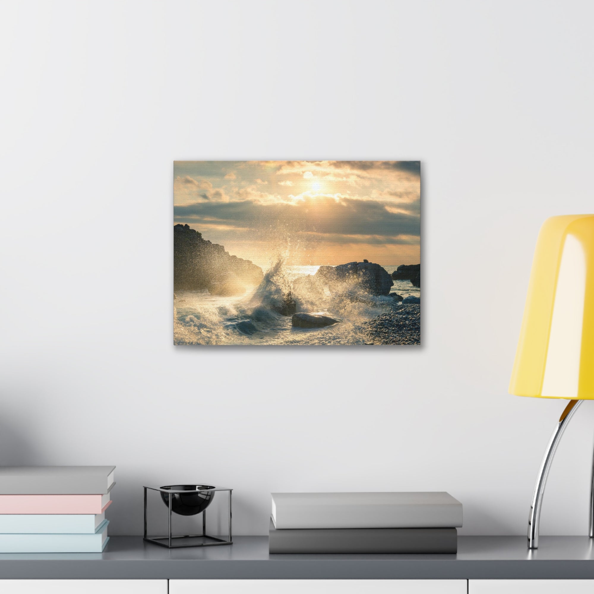 Big Wave Hit Rock At Beach Sunset Seascape Ocean Canvas Wall Art for Home Decor Ready-to-Hang-Express Your Love Gifts