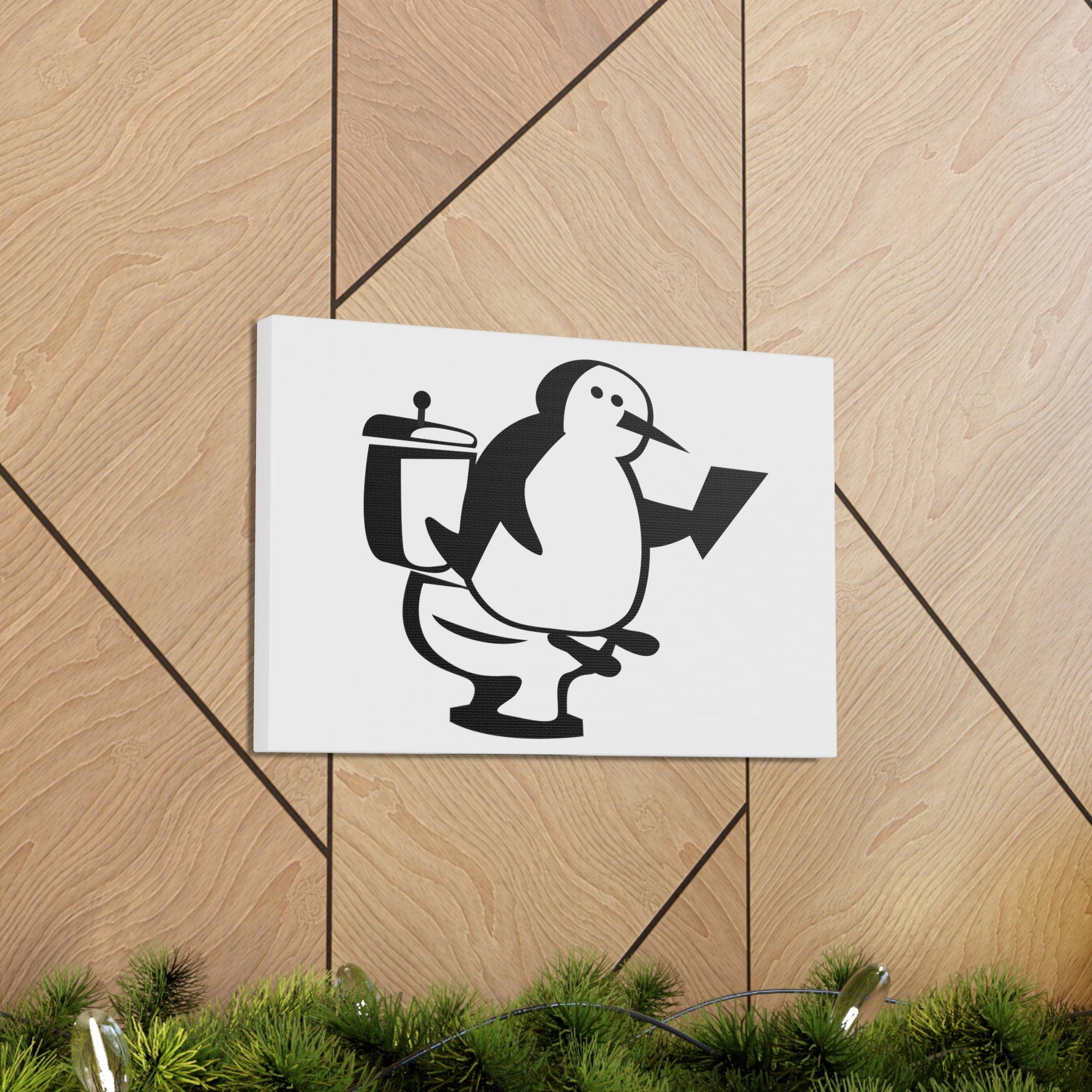 Cartoon Penguin Reading Newspaper On Toilet Funny Canvas Wall Art for Home Decor Ready-to-Hand-Express Your Love Gifts