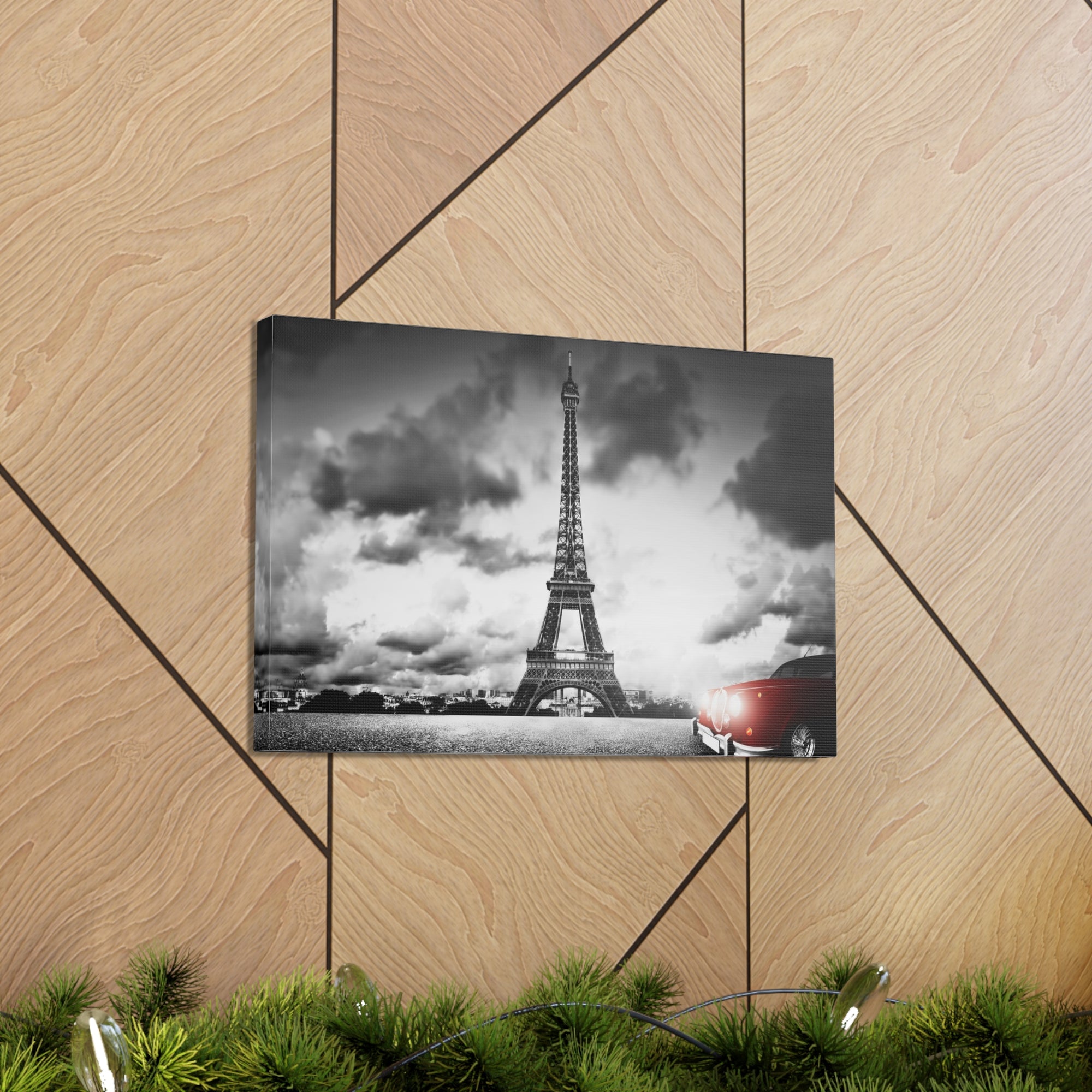 Artistic Image of Eiffel Tower And Red Retro Car Paris Eiffel Tower Couple France Canvas Artwork High-Quality Breathtaking French City for Home Decor Ready to Hang-Express Your Love Gifts