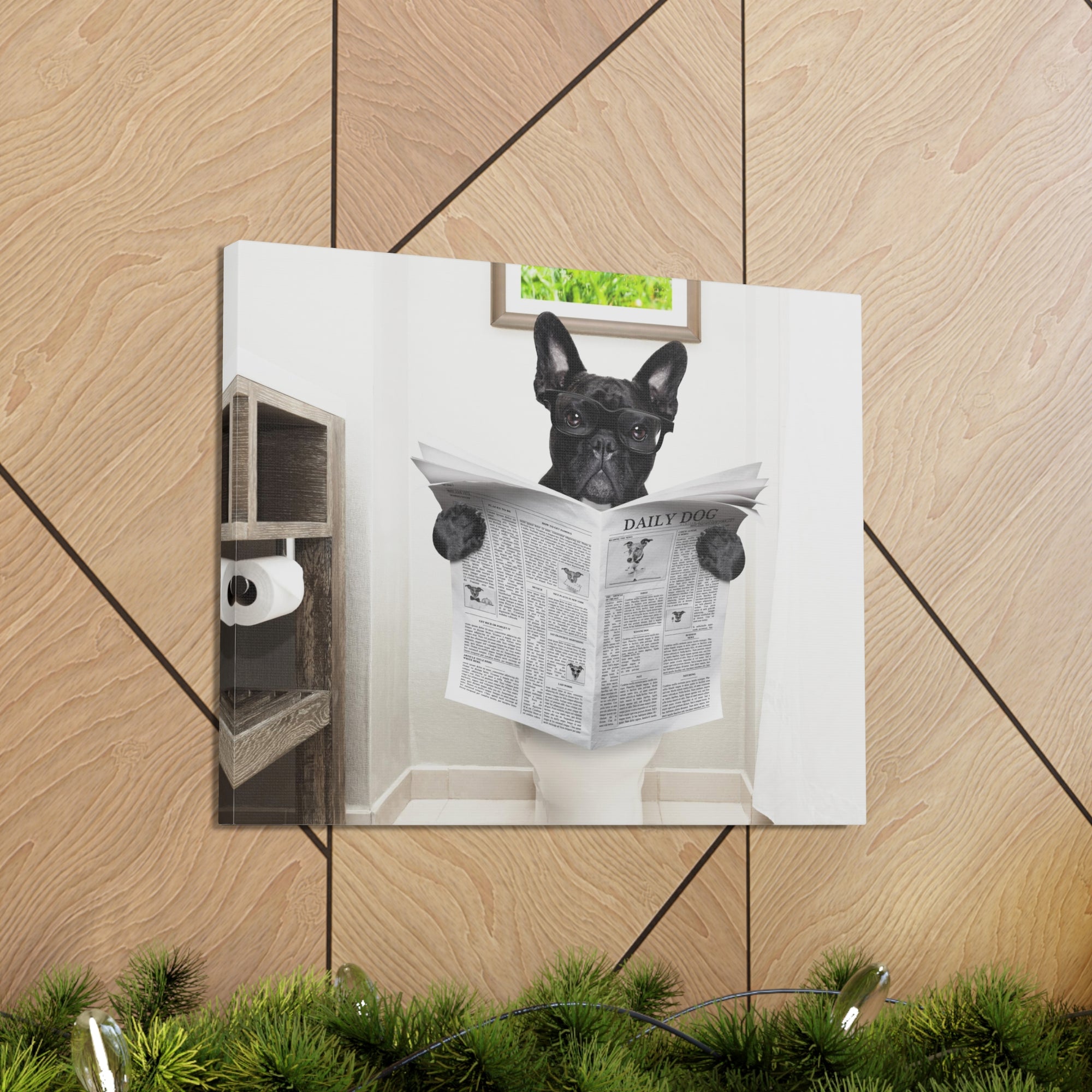 French Bulldog Reading Newspaper On Toilet Funny Canvas Wall Art for Home Decor Ready-to-Hand-Express Your Love Gifts