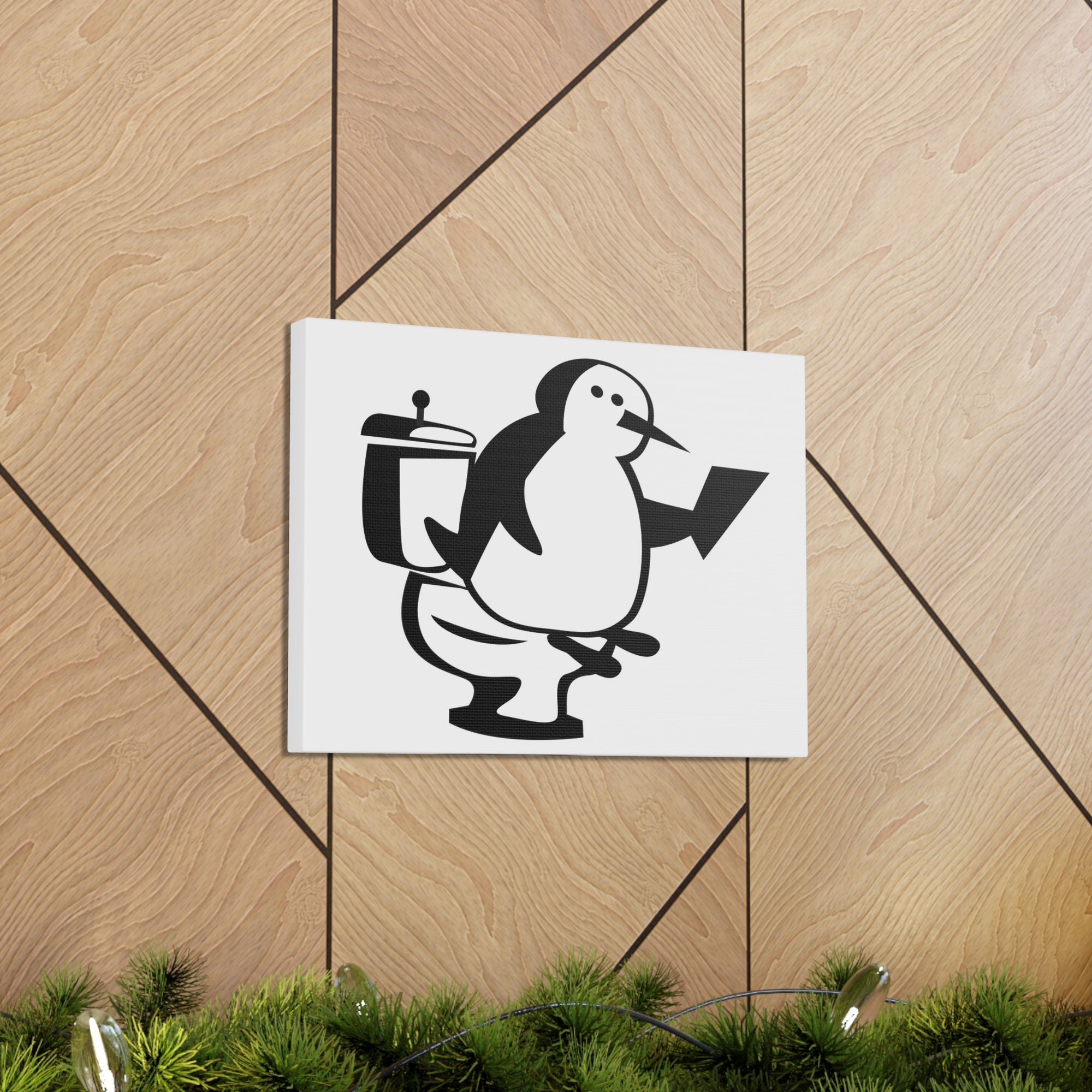 Cartoon Penguin Reading Newspaper On Toilet Funny Canvas Wall Art for Home Decor Ready-to-Hand-Express Your Love Gifts