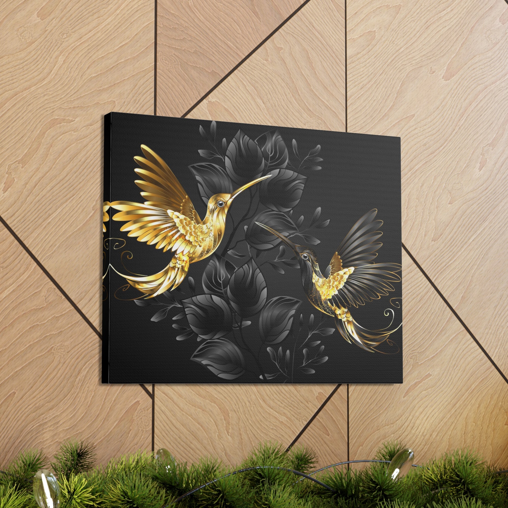 Black Gold Jewelry Hummingbirds With Flowers Canvas Wall Art for Home Decor Ready-to-Hang-Express Your Love Gifts