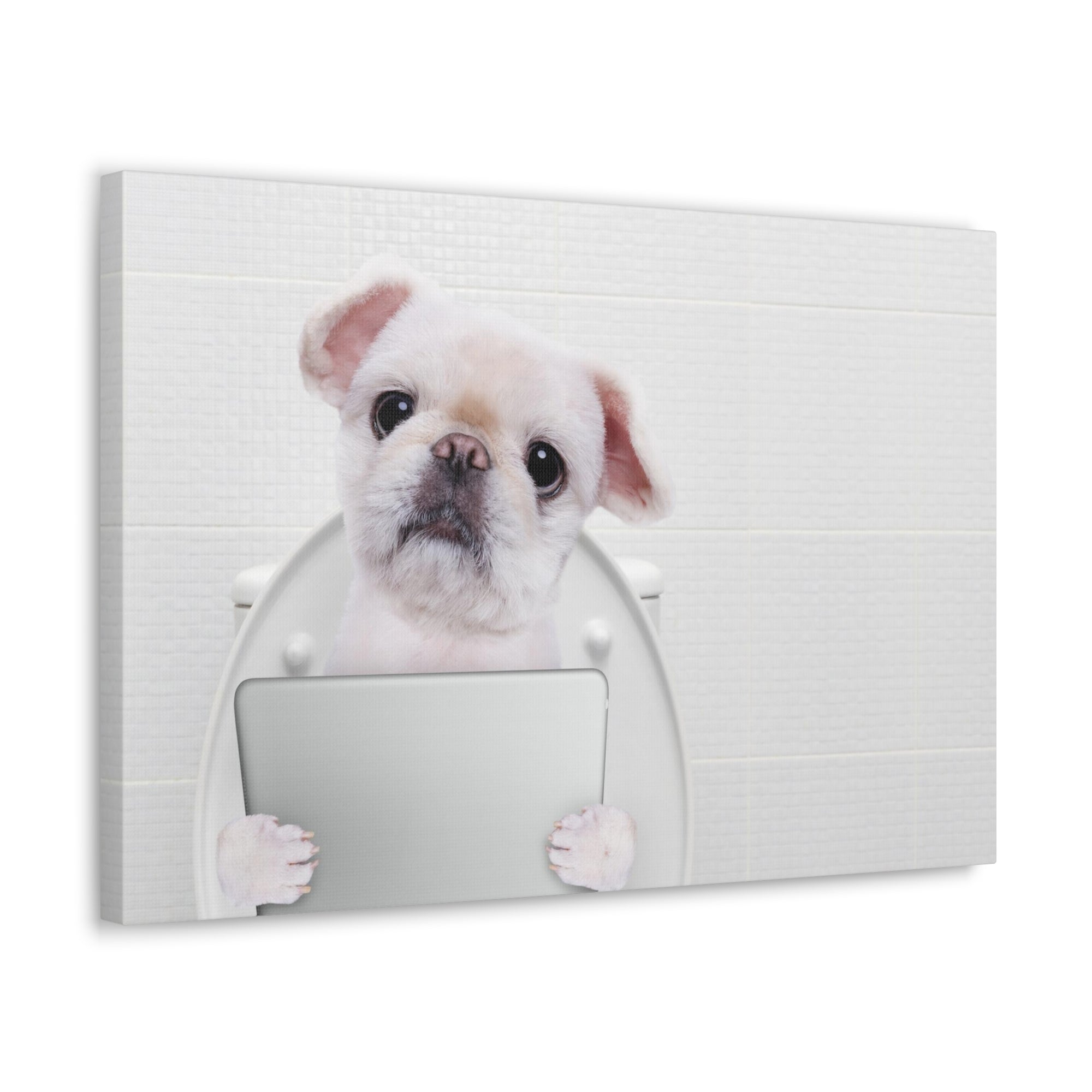 Cute Dog Holding Tablet PC Sitting On Toilet Funny Canvas Wall Art for Home Decor Ready-to-Hand-Express Your Love Gifts